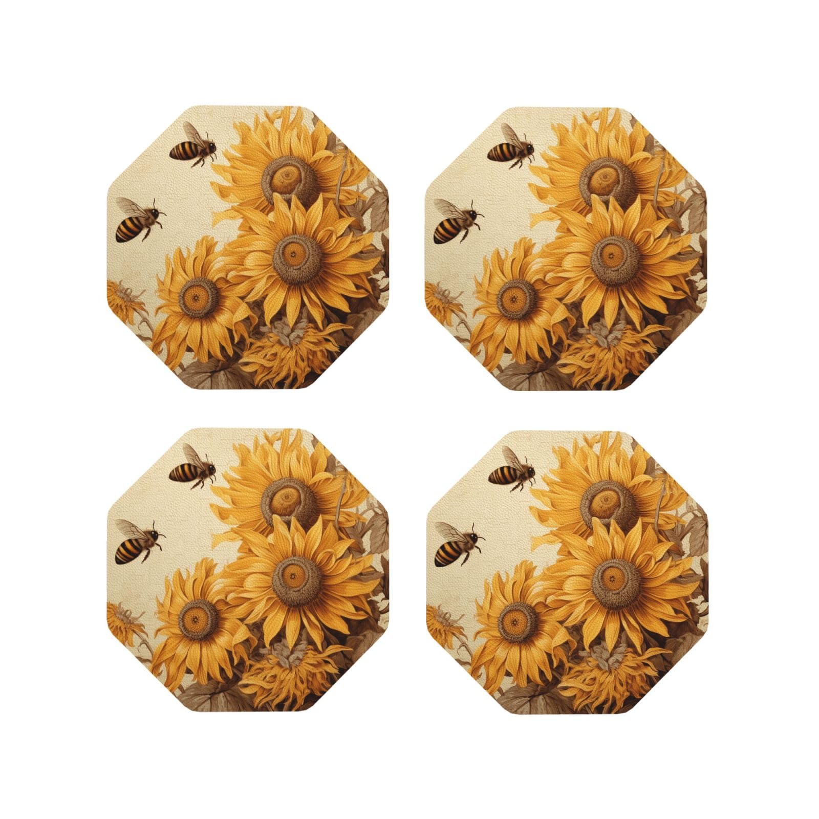 4pcs Drink Coasters for Tabletop Protection, 4" Leather Coasters for Drinks, Bees and Sunflowers Cup Coasters for Coffee Table Decor, Non-Slip Drinking Cup Mat for Hot Or Cold Drink