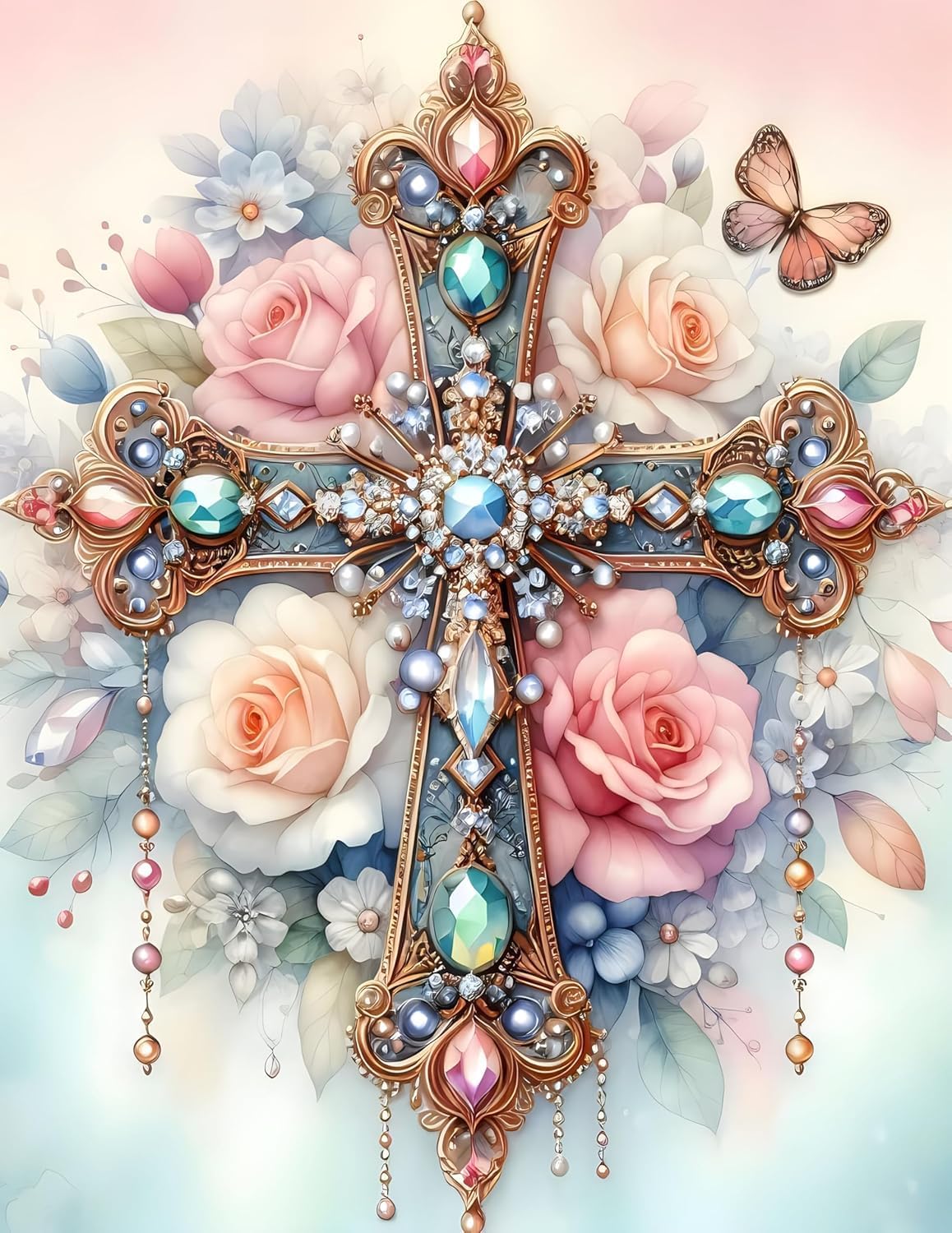 Tableau Diamant 5D DIY Croix Fleur, Kit Peinture Diamant Pour Adulte Débutant, Peinture Diamant Stras,5d Diy Diamant Painting Peinture, Décoration Murale Et Cadeau Créatif Pour La Maison (30x40cm