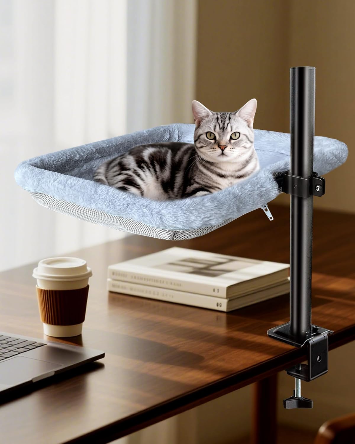 L&W BROS. Cat Desk Bed  Adjustable Desk Cat Hammock with 360 Rotating Arm, Dual-Sided Washable Cover, 35LB Capacity, 17"x14", Metal Frame