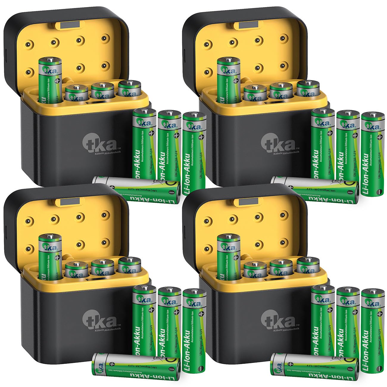 tka Köbele Akkutechnik AA Akku mit Ladegerät: 32er-Set Li-Ion-Akkus Typ AA, 4 USB-C-Ladeboxen, 3.000mWh, Ladeanzeige (Ladestationen, Ladeadapter, AAA)