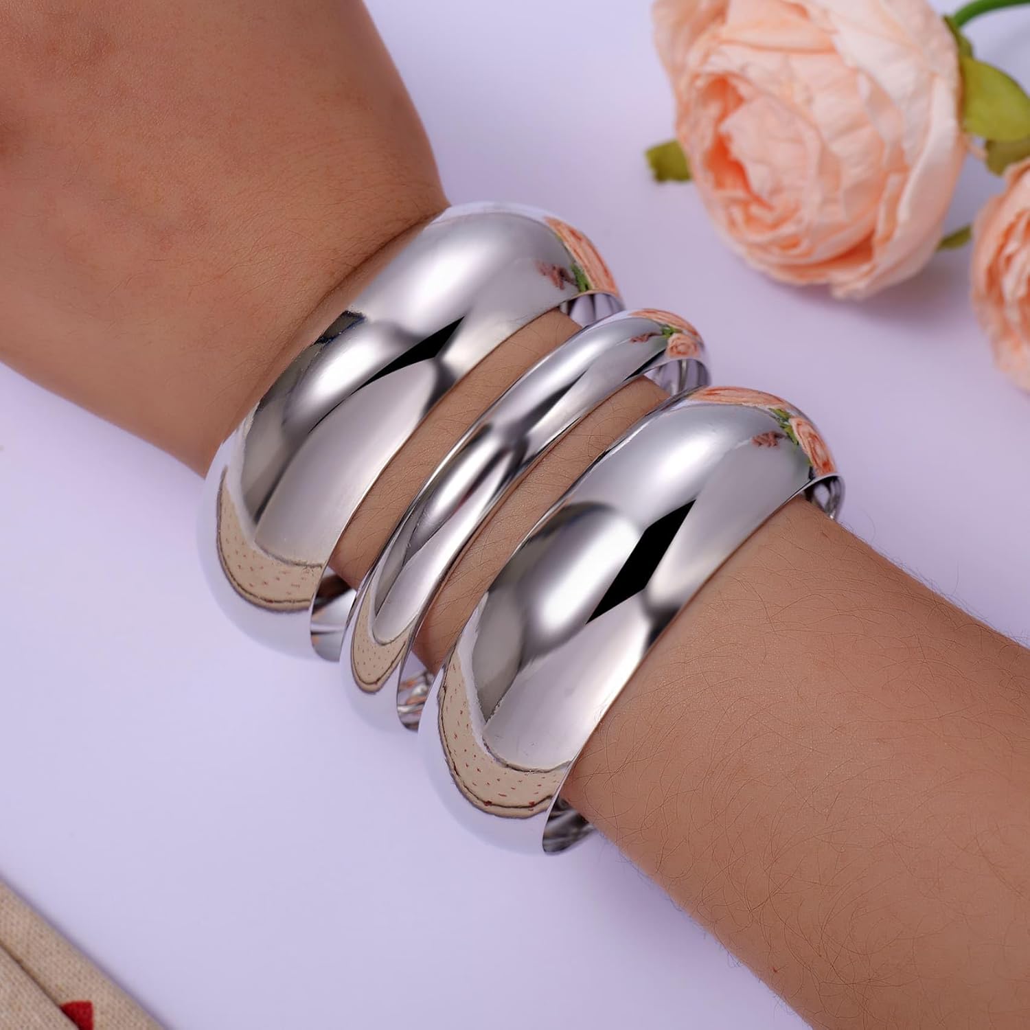 Kvekstio Chunky Golden Bangle Bracelets Set for Women, Trendy Wide Wrist Stackable Jewelry Bold Statement Cuff Bracelet - Image 7