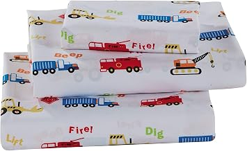 Kids Zone Collection Twin Size Sheet Set for Boys Construction Crane Traffic Cones Crane Dig Dump Trucks Blue Green Orange New #Crane