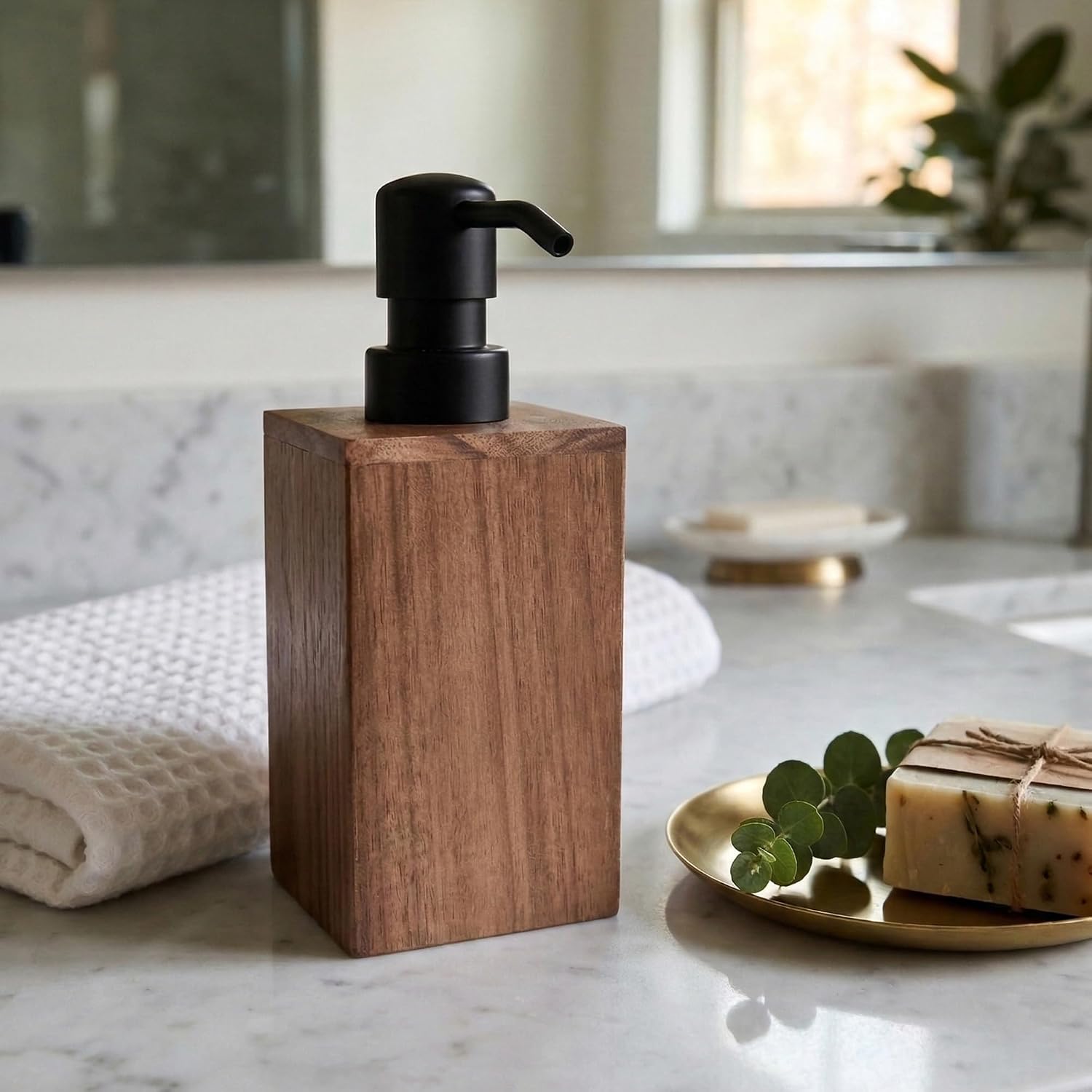 Evideco Acacia Wood Soap Dispenser, 10 fl oz Refillable Lotion Pump Bottle, Brown Black Liquid Hand Soap Dispenser for Bathroom Countertop Vanity Sink