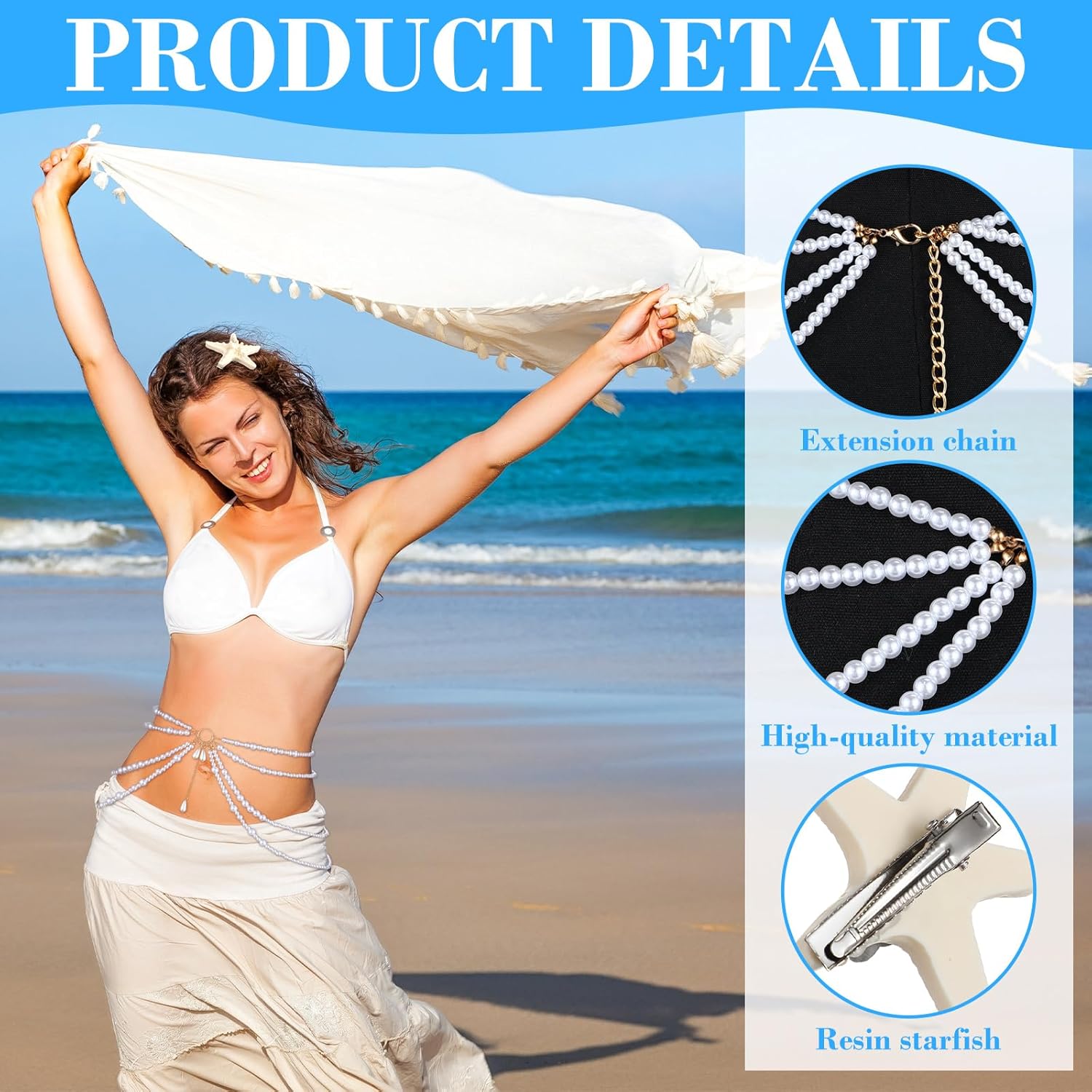 3 Pcs Pearl Multi Layered Waist Chain with Starfish Hair Clip Mermaid Costume Accessories for Women Cosplay - Image 3