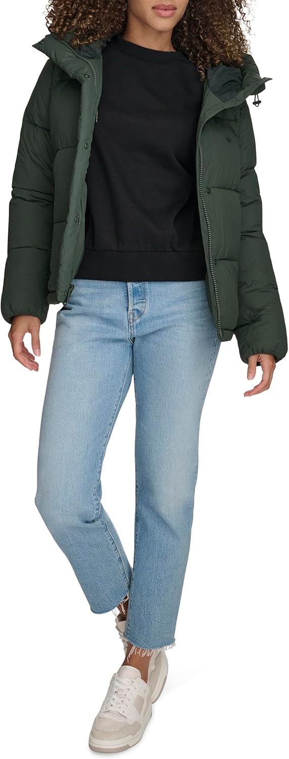 DOCKERS Women's Water Resistant Quilted Bubble Puffer Jacket With Hood