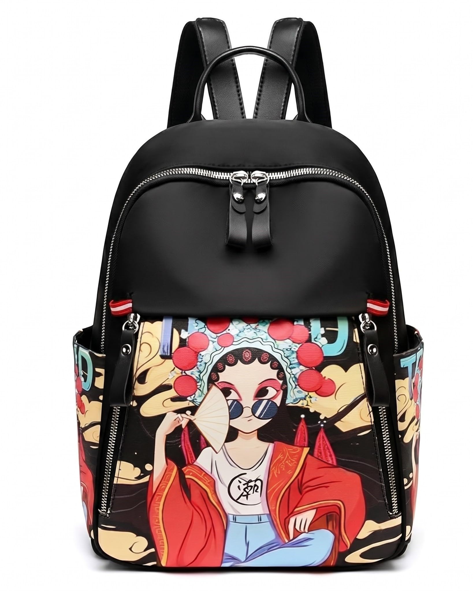 Women's Anime Ethnic Print Backpack, Black, Water-Resistant, Korean College Style, Gift for Her-image-25