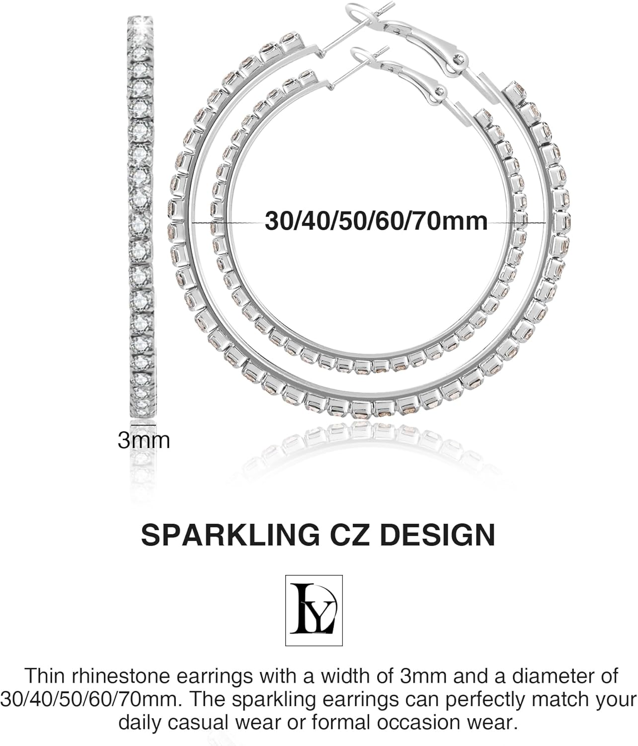 Rhinestone Hoops Earring for Womens Large Big 925 Sterling Silver Hoop Earrings With Diamond Medium Silver or Gold Earrings Gifts Non Tarnish Hypoallergenic Lightweight 30 40 50 60 70mm - Image 6