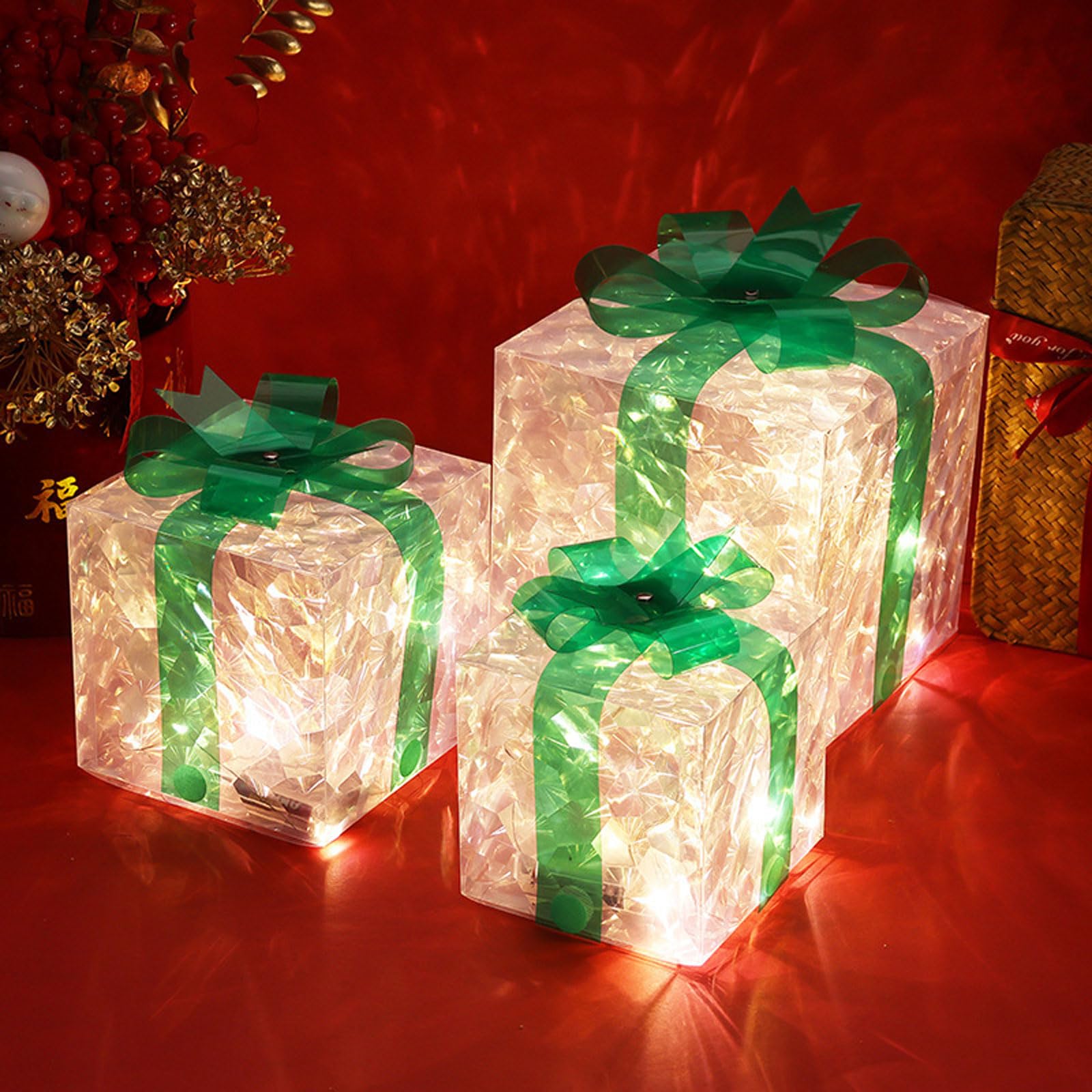 Weihnachtsdekoration, 3er-Pack LED-beleuchtete Geschenkboxen mit Schleife, mehrfarbig, verschiedene Größen(Green)