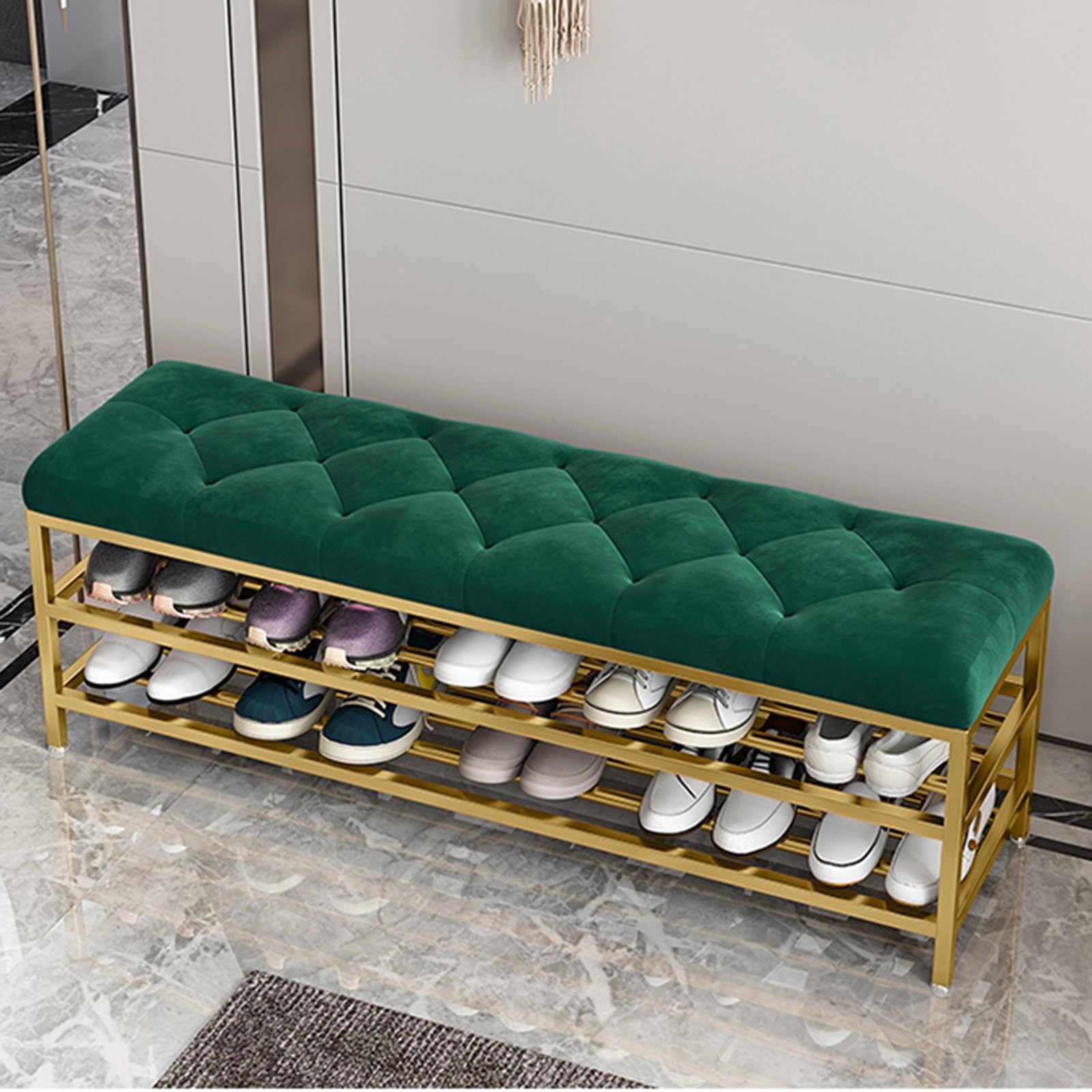 LWJSOCP Upholstered Shoe Storage Bench with Metal Frame and Cushion Entryway for Living Room Hallway Mudroom Green Bench for Doorway 60cm