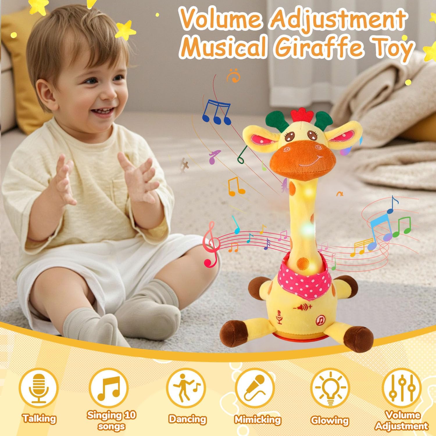 Dancing Talking Musical Giraffe Toy, Tummy Time Toy with Volume Adjustment, Singing Giraffe Stuffed Animal 10 Children's Songs Light Up Toys, Repeating What You Say, Baby Easter Basket Stuffers Gifts