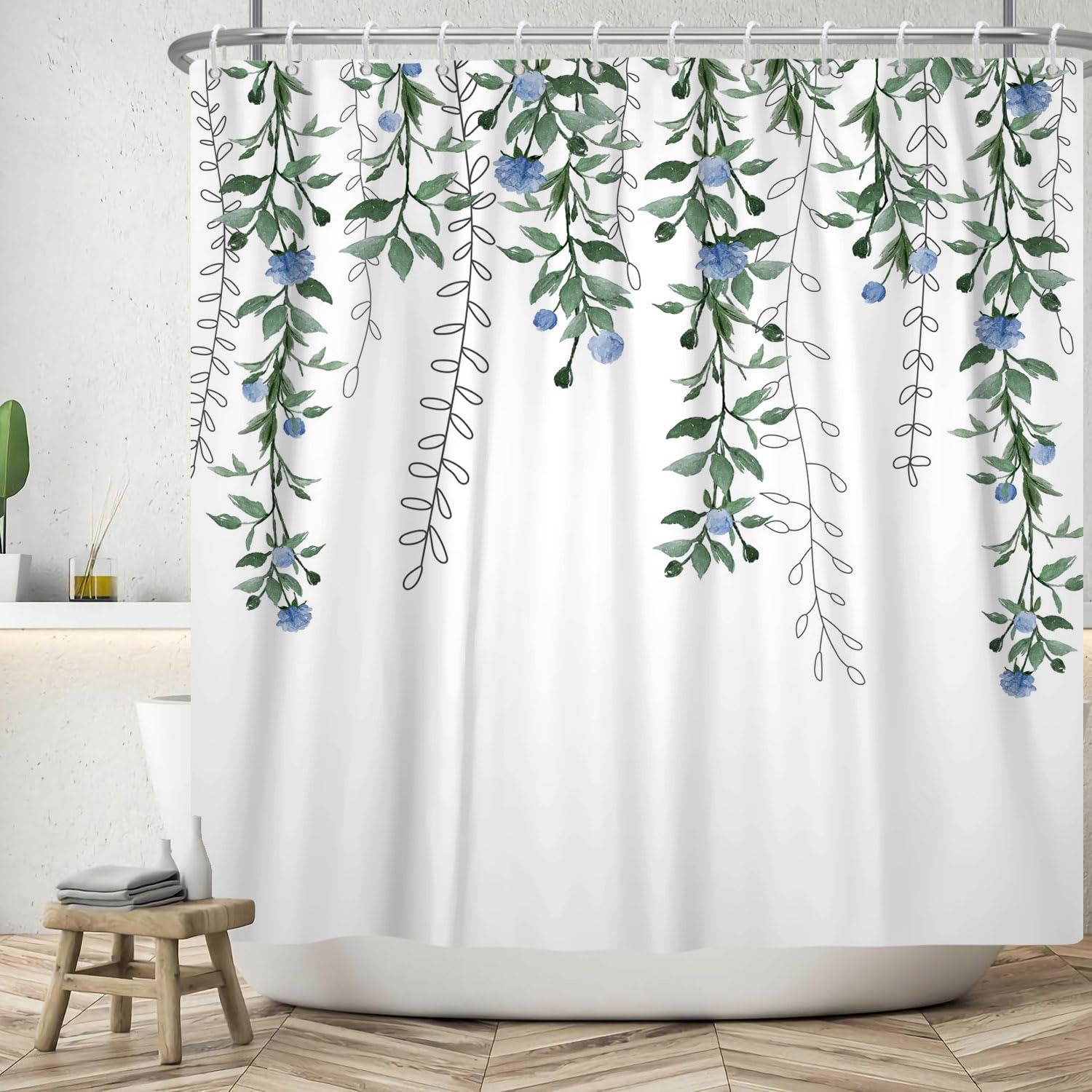 ASDCXZ Flower Shower Curtain 165x180 cm, Spring Simplicity Blue Flowers Green Leaves White Bath Washable Shower Curtains Polyester Textile Waterproof Bath Curtain for Bathtub with 12 Hooks โ image 1