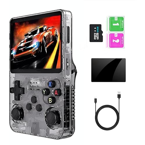 Ugonetend R36S 64GB Retro Game Console with 15,000+ Games, 3.5-Inch Screen, Supports 13+ Emulators – Portable Handheld for Classic Gaming (Transparent black)