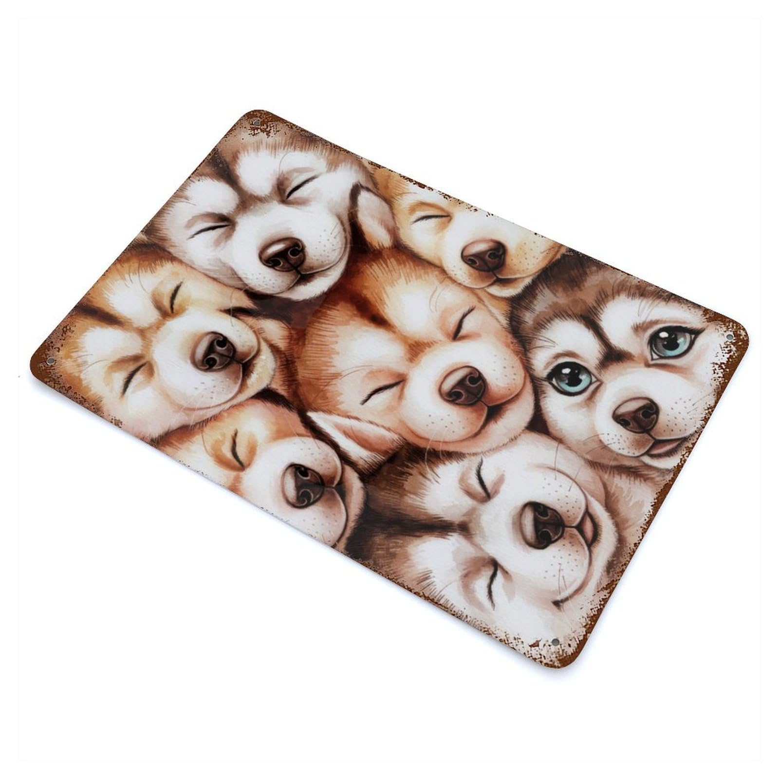 Distressed Metal Wall Sign with Cute Husky Puppies Design 11.8"x7.9", for Farmhouse, Kitchen And Entryway Decor, Old School Wall Decor