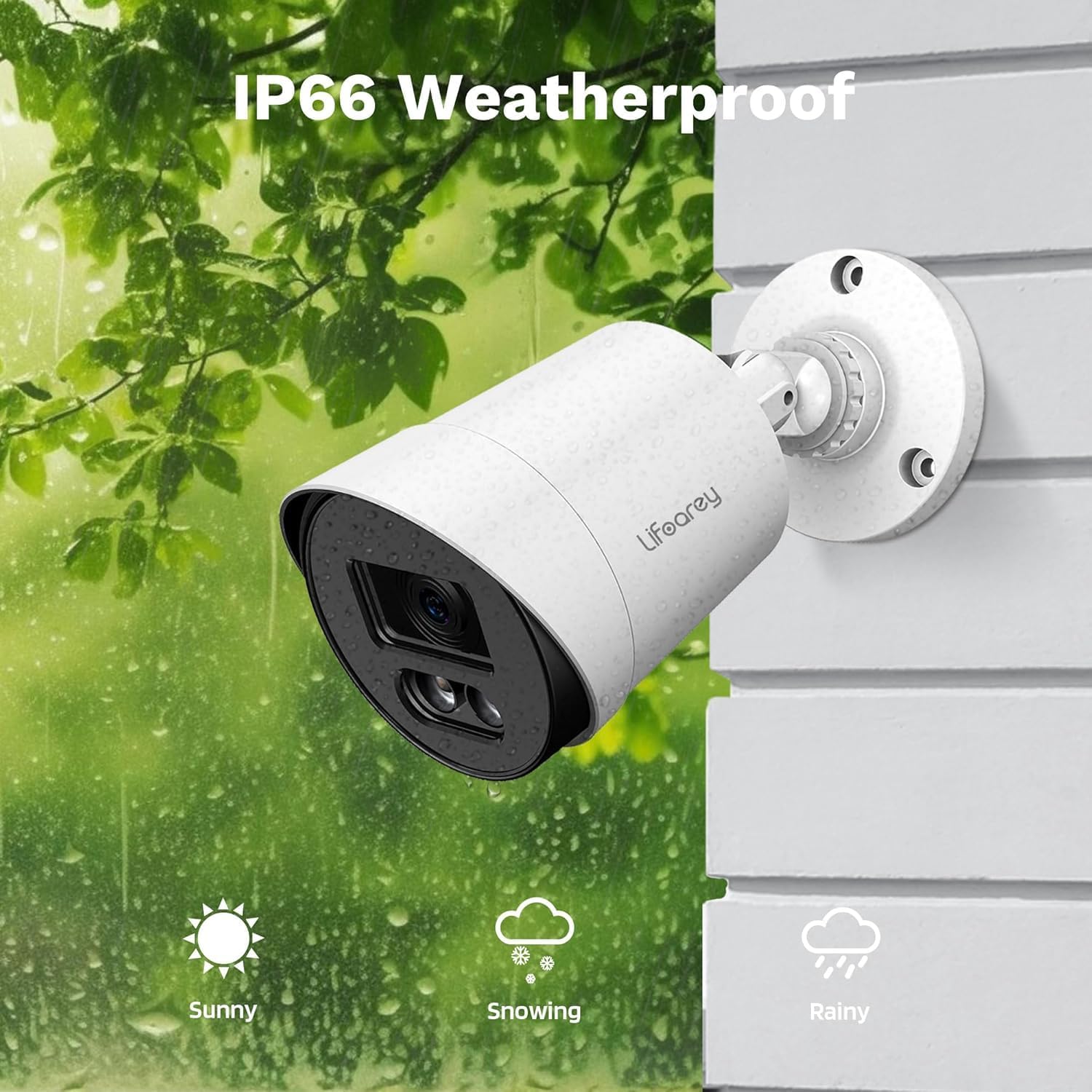 Image showing the camera mounted outdoors in rainy weather, with icons for sunny, snowing, and rainy conditions, labeled 'IP66 Weatherproof'.