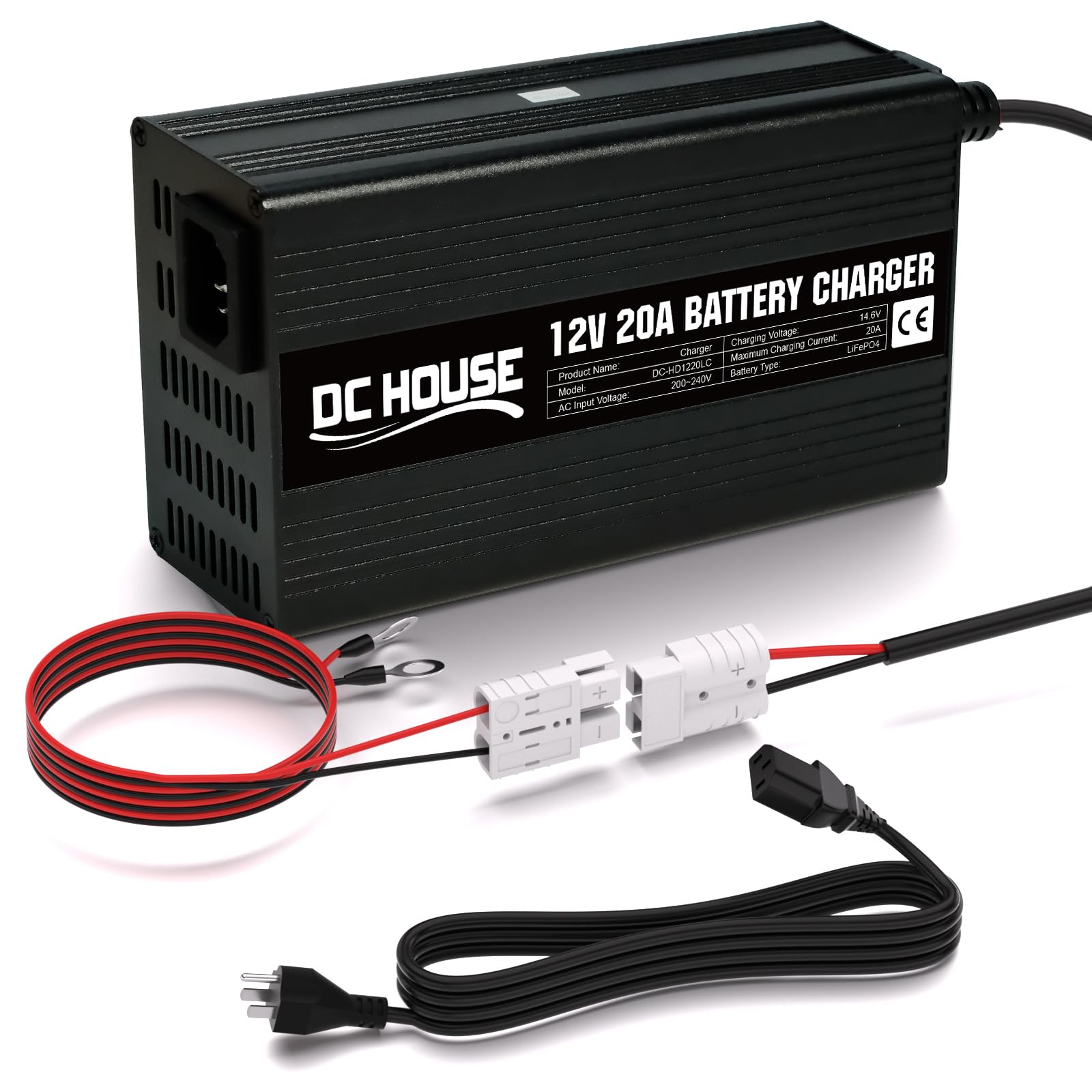 DCHOUSE Caricabatterie al litio da 12 V 20 A, connettore rapido e indicatore LED | Caricabatterie LiFePO4 da 14,6 V, ricarica rapida intelligente da 300 W per batterie solari e domestiche