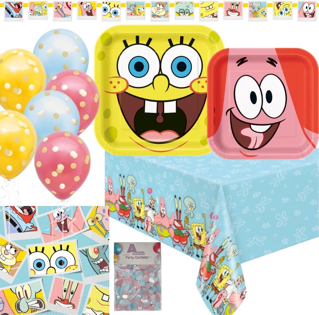 Unique SpongeBob SquarePants Party Supply Pack, Blue Yellow, Paper Plates, Napkins, Banner, Balloons, Tablecover with confetti, 16 Guest Set, Square Plates, Spongebob Birthday Decorations