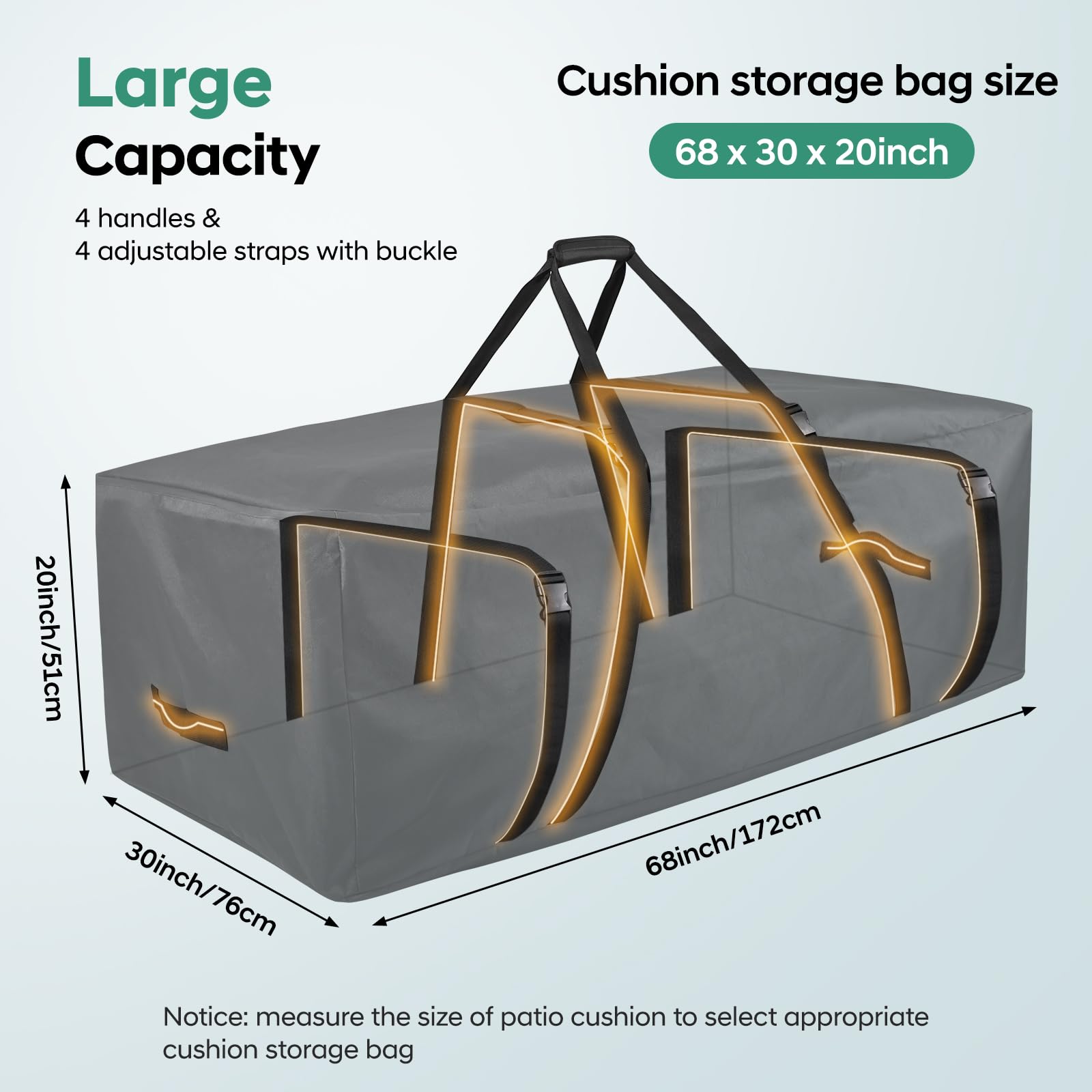 FAMIROSA Sac de Rangement pour Coussins de Jardin et Sac de Rangement imperméable, Anti-UV Tissu 600D Oxford, Fermeture éclair Durable et poignées pour Coussins d’extérieur (172x76x51cm)