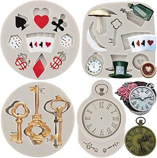 Sijiangmold Poker Silicone Molds Alice Wonderland Hat Fondant Mold Vintage Clock Mold Playing Cards Candy Molds for Cake D...