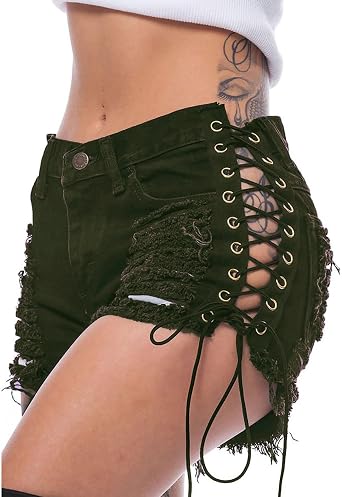 Sexyshine Womens Sexy Casual Hot Pants Cut Off Ripped Hole Lace Up Bandage Jeans Denim Shorts Clubwear