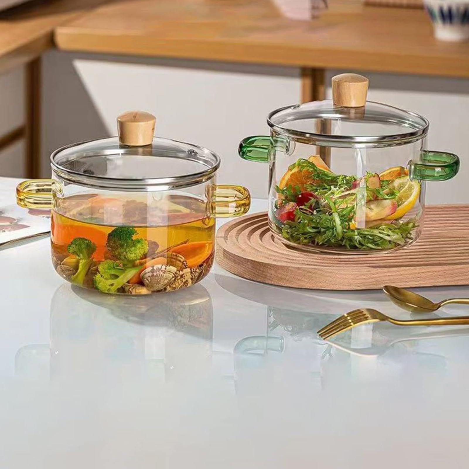 Pentole in per cucinare sul fornello, 1600 ml, in trasparente, con coperchi, decorazione estetica da cucina