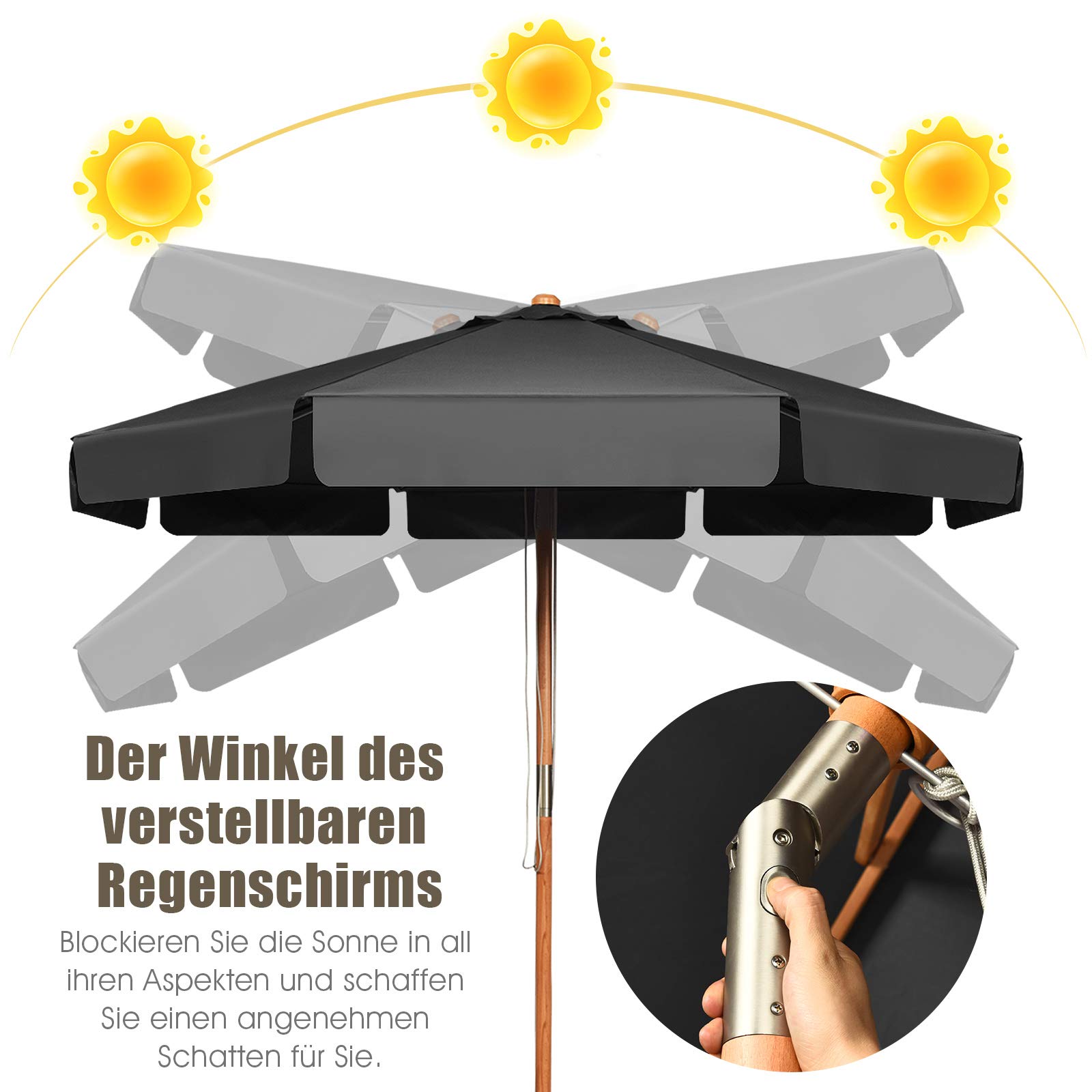 GOPLUS Drewniany parasol przeciwsłoneczny, 300 cm, składany z obu stron o 30°, UV 50+, parasol tarasowy, parasol na balkon, do ogrodu, na balkon, podwórko, szary, Groß