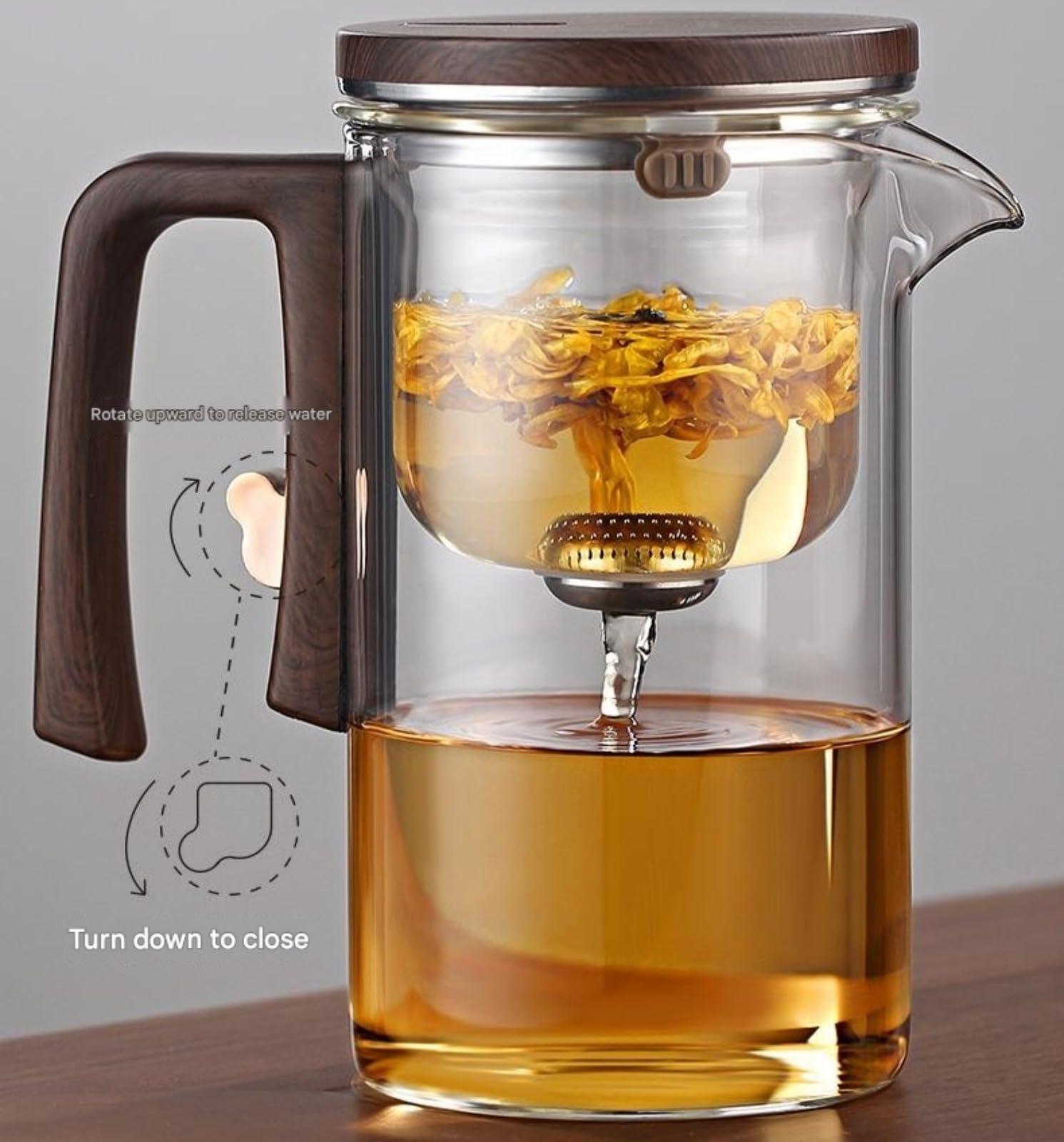 Magische Teekanne – Glas-Teekanne mit Holzgriff, einzigartiges Enchanti-Tee-Ei, perfekt zum Aufbrühen von grünem und schwarzem Kräutertee für Teeliebhaber