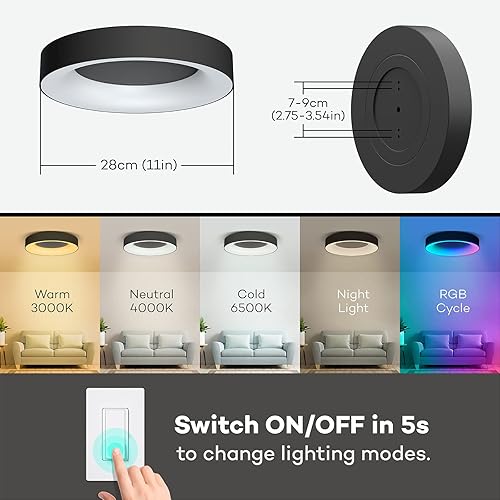 Miniatura 7 de Annaror Lámpara de techo LED RGB de montaje empotrado con control remoto, lámpara de techo negra de 11 pulgadas y 24 W, luz de 3000 K-6500 K
