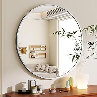 Comprar BEAUTYPEAK Espejo redondo de 60 cm en plata, espejo de pared redondo decorativo con marco de aluminio, espejo de baño irrompible para colgar y apoyarse, espejo de pared para dormitorio, baño, sala de