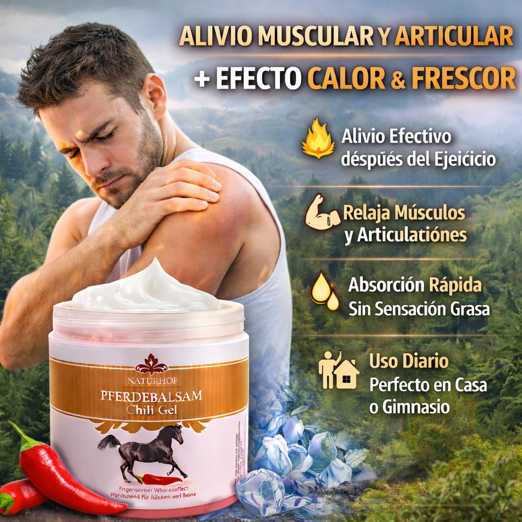 Bálsamo de Caballo Naturhof Gel 2 x 250 ml – Gel Térmico con Chili y Extractos Botánicos para Dolor Muscular y Articular – Absorción Rápida, Efecto Calor y Frescor – Uso Diario