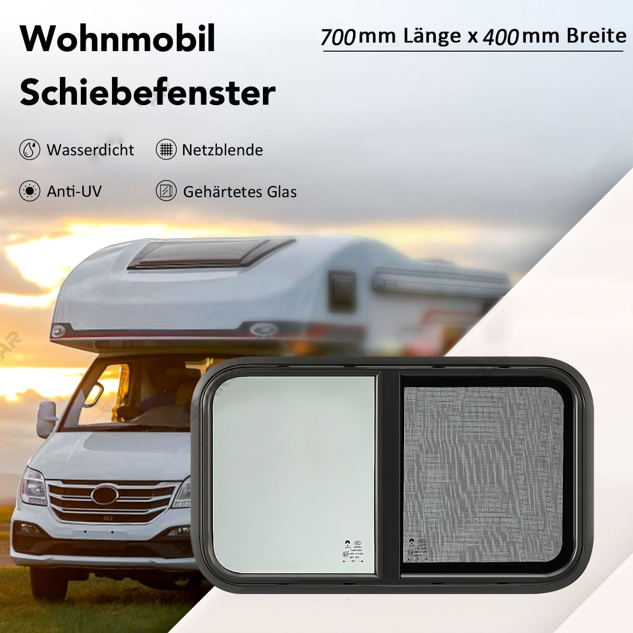 Wohnmobil Schiebefenster 700x400mm Wohnwagen Fenster Ausstellfenster Wohnmobilfenster Insektenschutz Sonnenschutz Getöntes Gehärtetes Glas für Wohnmobile Anhänger Pickups RV Camper-Fenster Schwarz