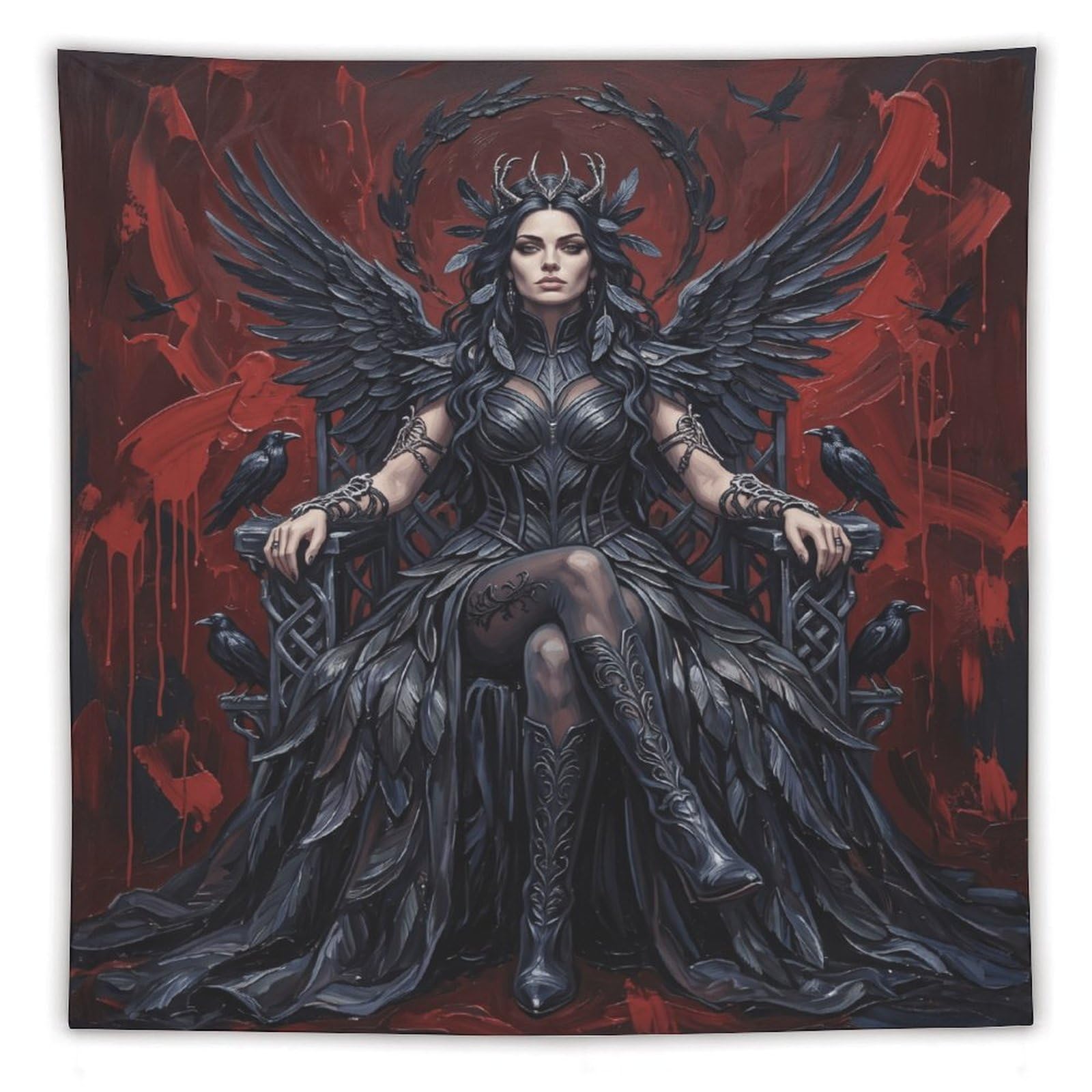 H3B8U2Y5 Raven Queen Red Throne Wall Tapestry, Gothic Bird Symbol