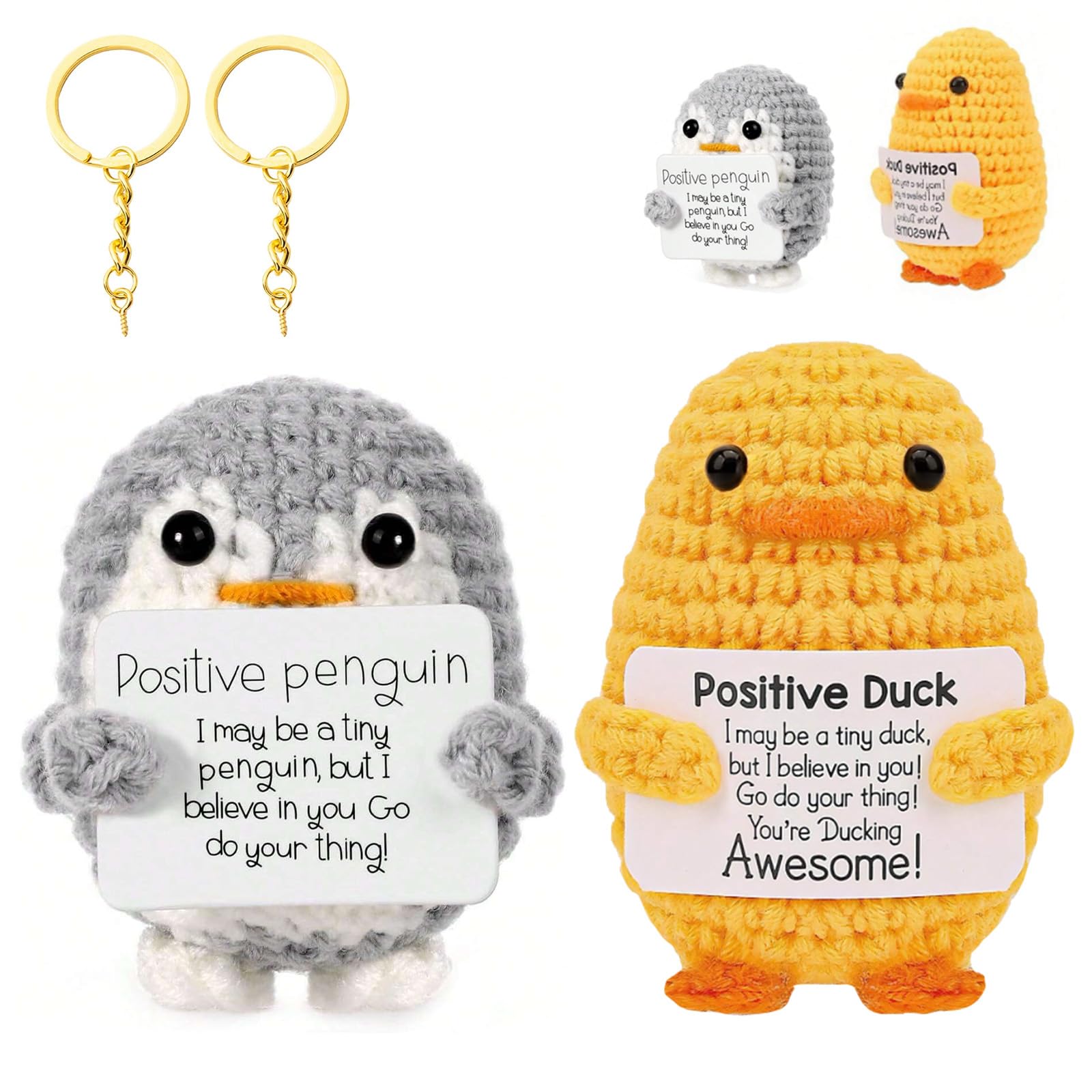 Emotional Support Penguin & Funny Duck Crochet, 2PCS Pocket Hug Dolls Set with Positive Cards, Cute Duck Plush Knitted Decor, Leaving Gifts Good Luck Gifts for Adults Kids Colleagues Graduation