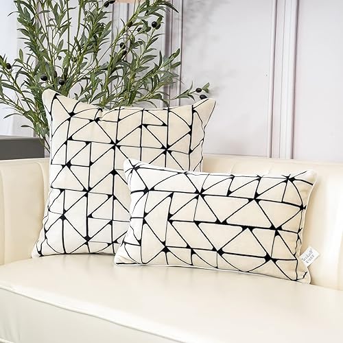Miniatura 4 de Aeckself Funda de almohada de rayas geométricas blancas de 18 x 18 pulgadas, funda de almohada de terciopelo de corte moderno de lujo para sofá,