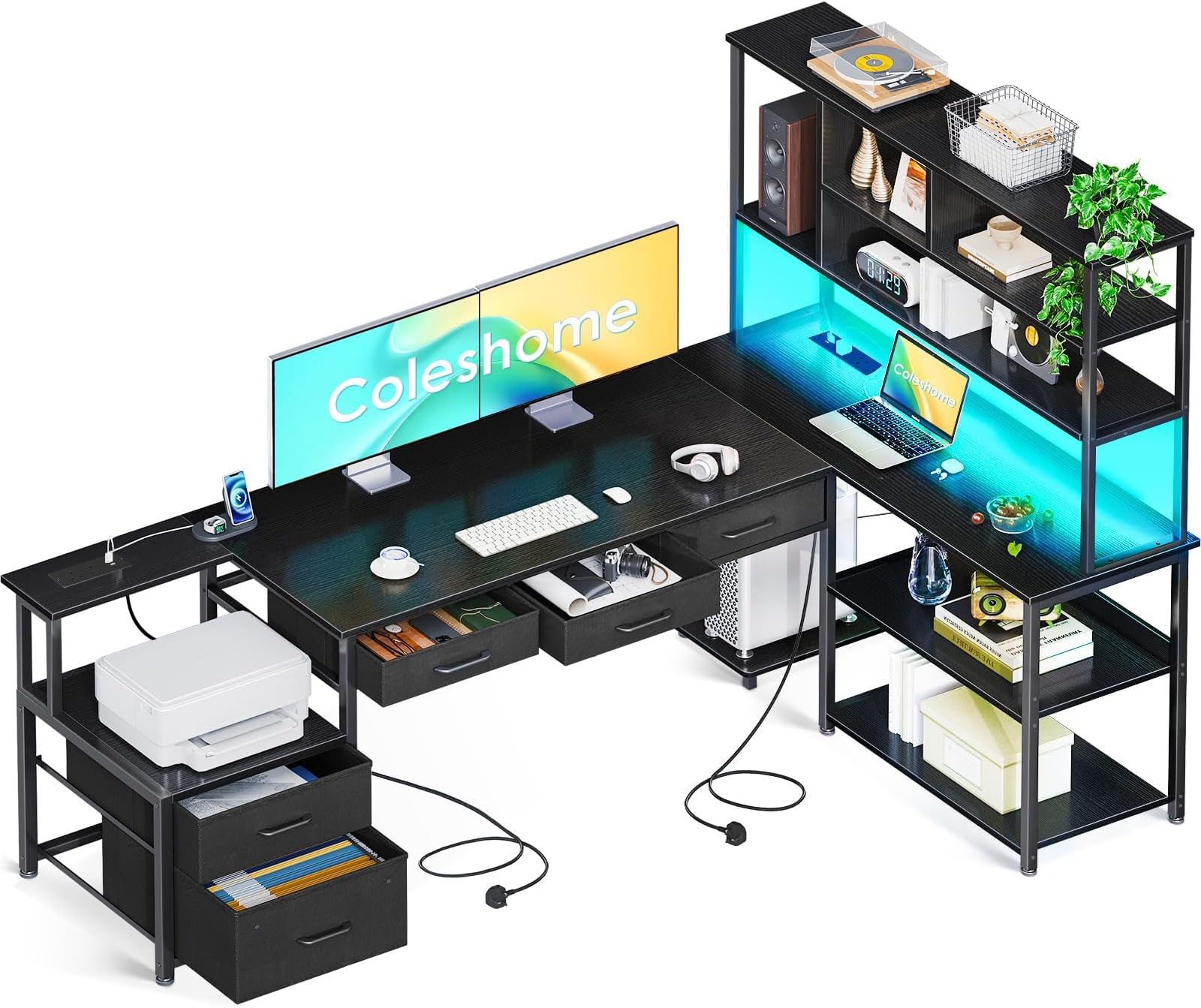 Coleshome L Shaped Corner Desk with Drawers, Reversible Home Office Computer Desk with Storages & Shelves, Gaming Table with LED Lights & Power Outlets Black, 180 × 100 cm
