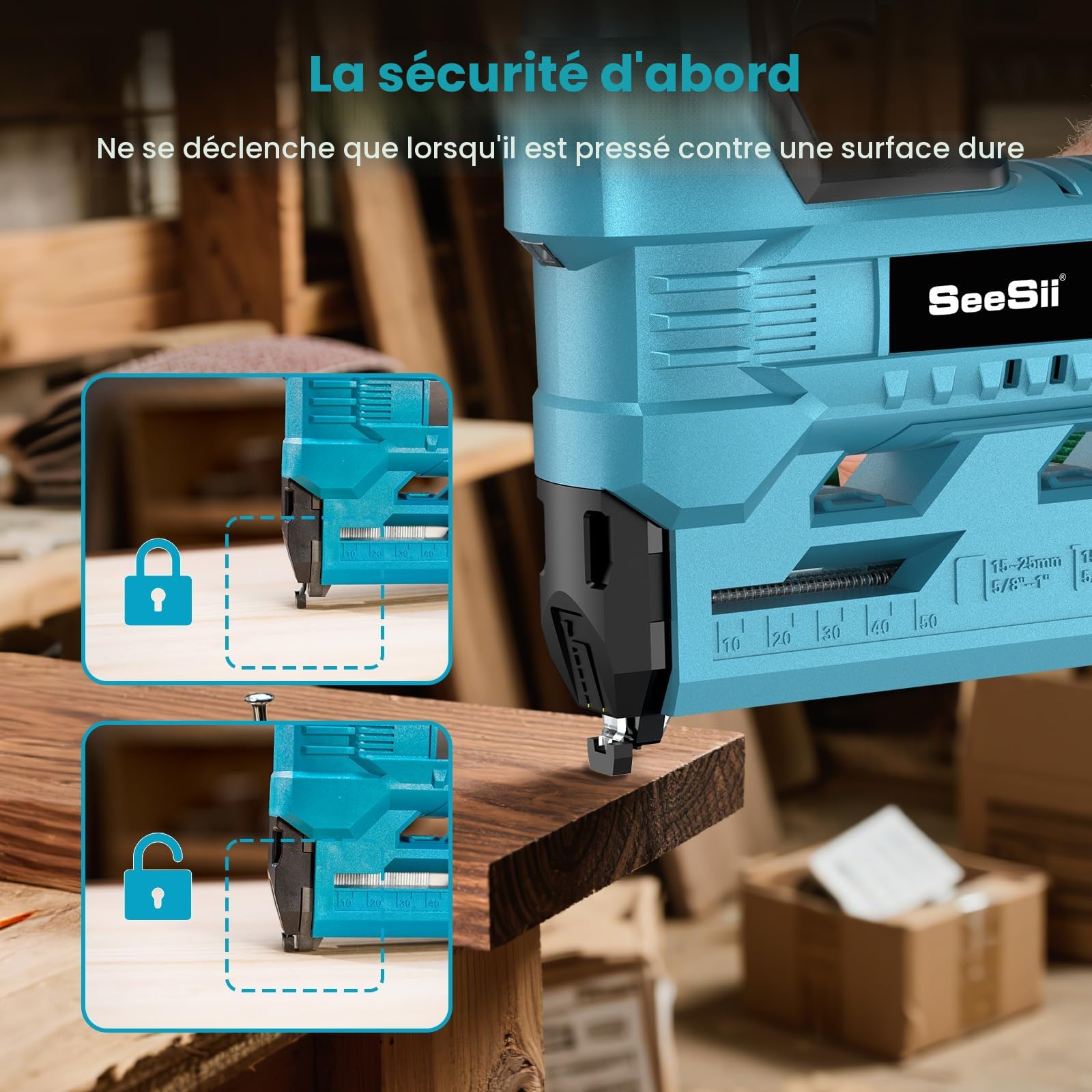 SEESII Cloueur Sans Fil, Cloueur Électrique 18 Gauge avec 2 Batteries 2.0Ah et 1000 Clous/Agrafes, Profondeur de Clouage Réglable, Cloueur-Agrafeuse 2 en 1 pour Tapisserie et Travail du Bois