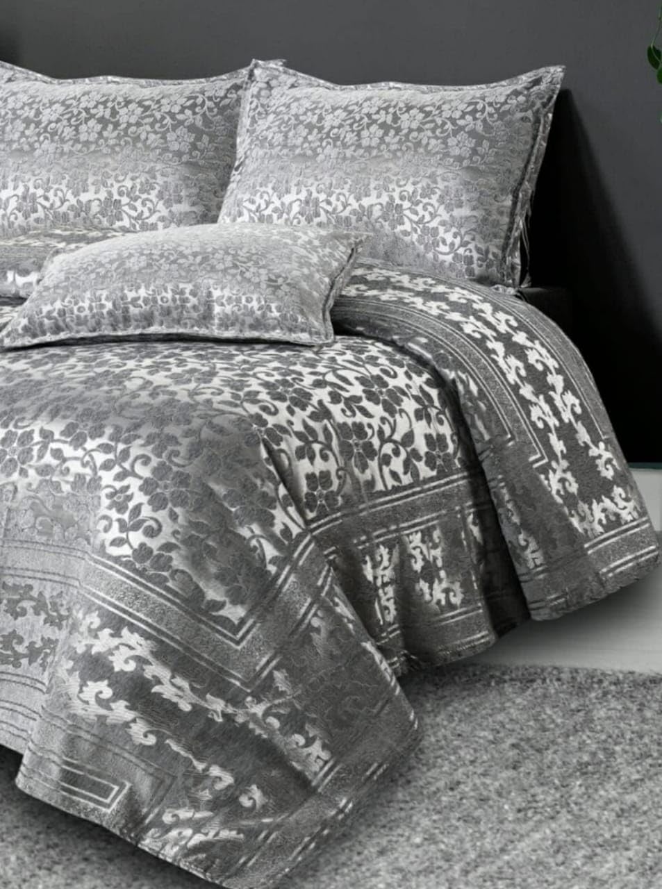 Shree Sharda Chenille Shaneel Double BedSheet Heavy Design Luxery Royal Printed Soft Chenille Shaneel Bedsheet with 2 Pillow Covers (Size 100x100) 400 TC Gray Light Black-image-27