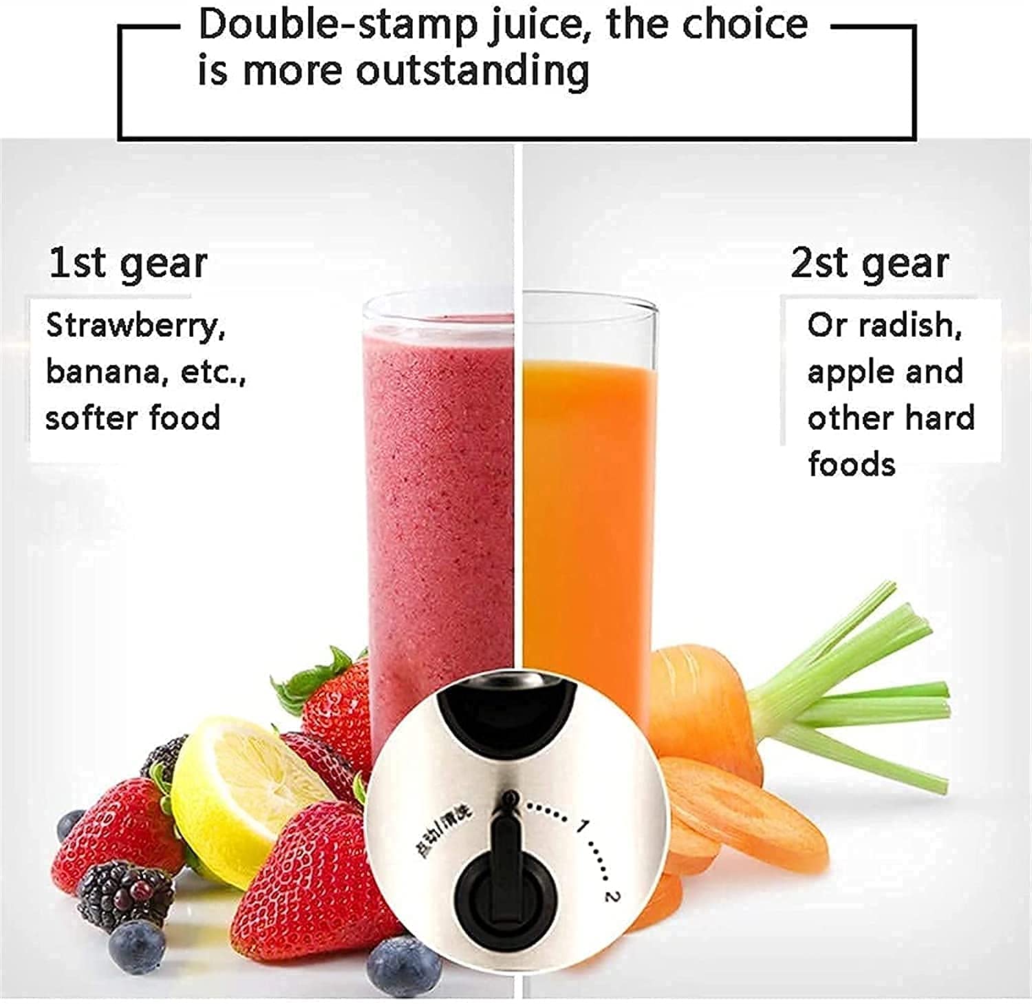 Estrattore di Succo, estrattore di Succo con Bocca Larga da 2,6'', centrifuga a 2 velocità per Frutta e Verdura, Senza BPA