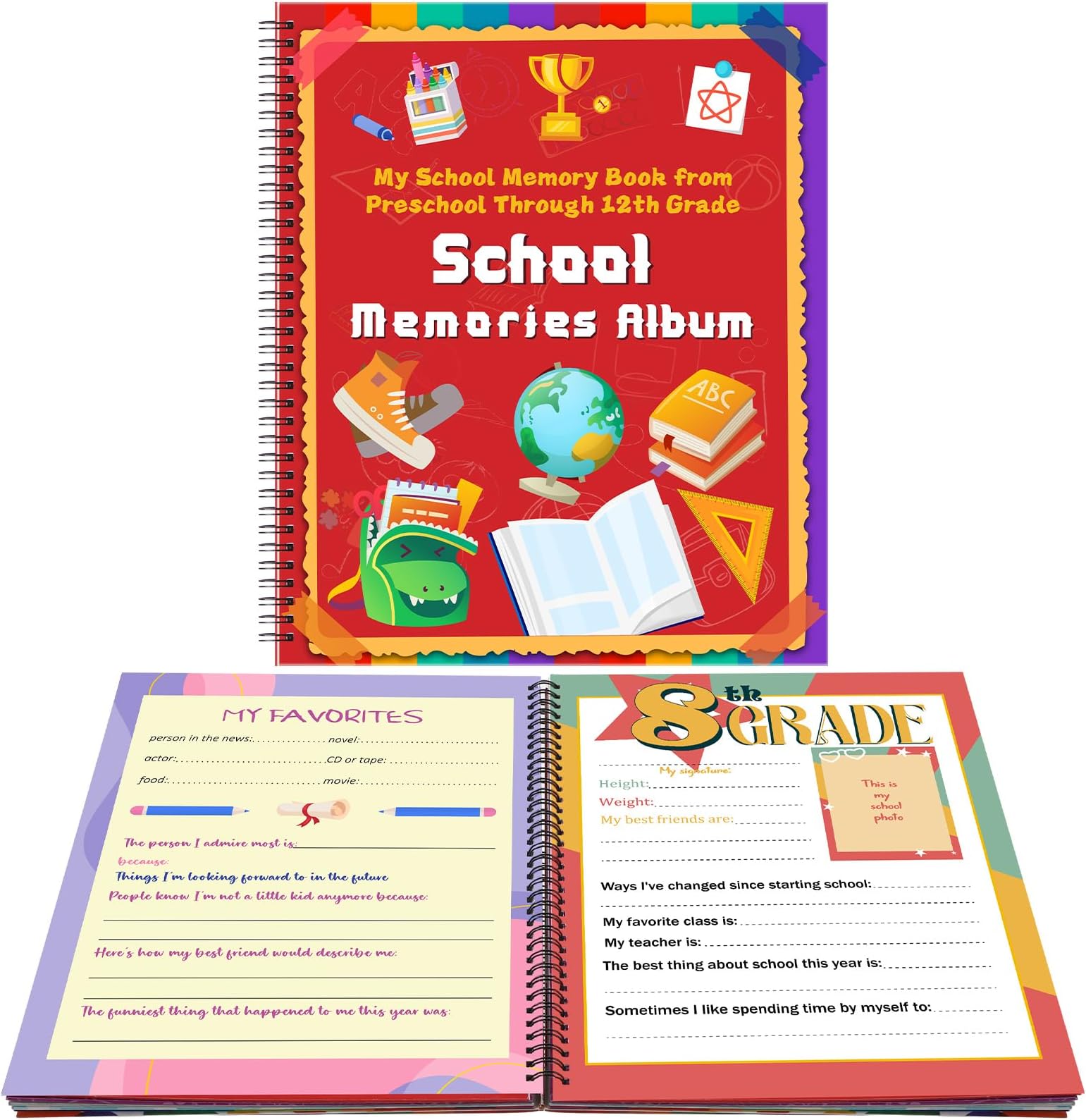 Motipuns School Memory Book School Photo Album for Kids, School Scrapbook Photo Album Preschool to 12th Grade with Keepsake Pocket for Storage Portfolio Every Grade Photo Class Photo School Pictures