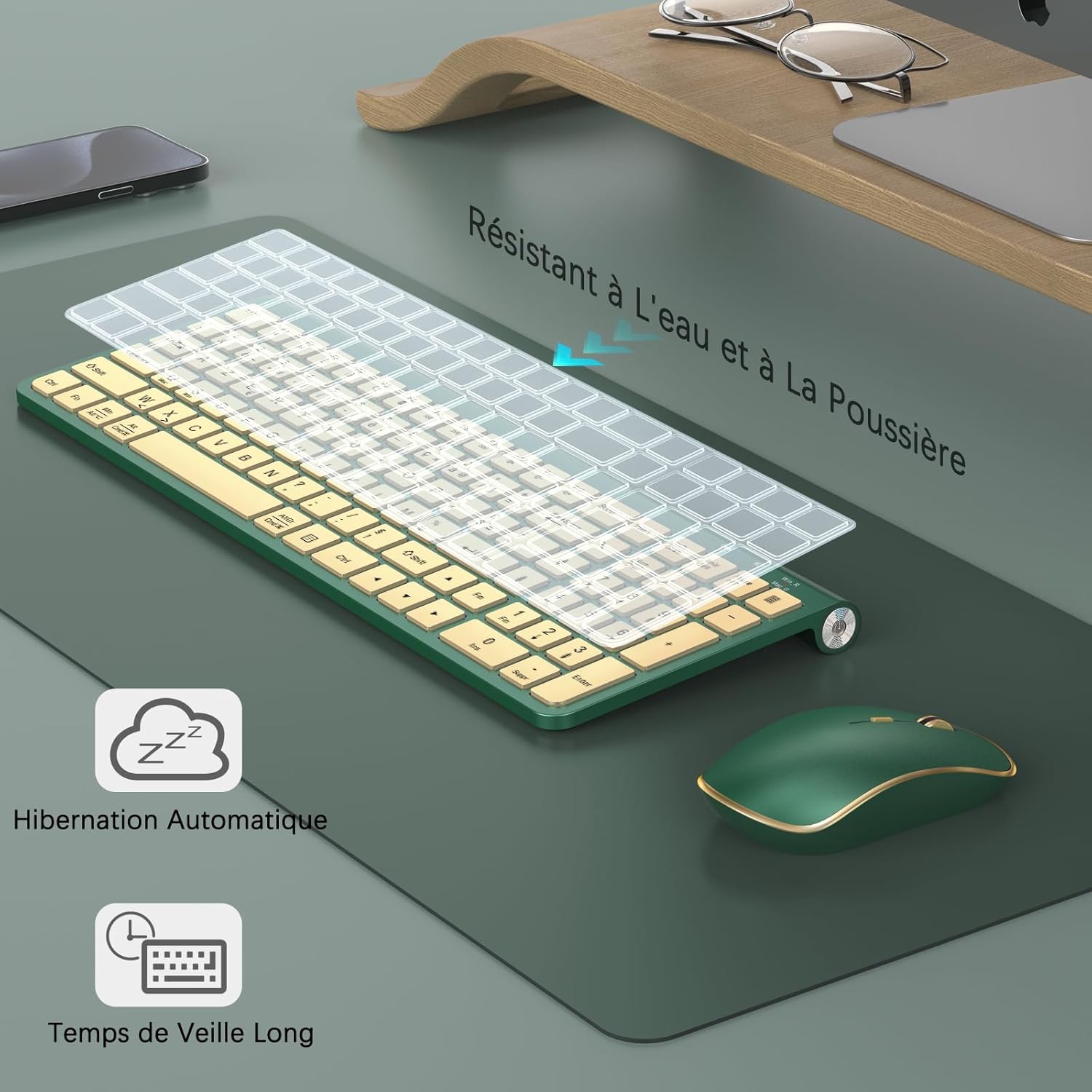 Image illustrating the automatic hibernation and long standby time features of the keyboard and mouse, along with water and dust resistance.