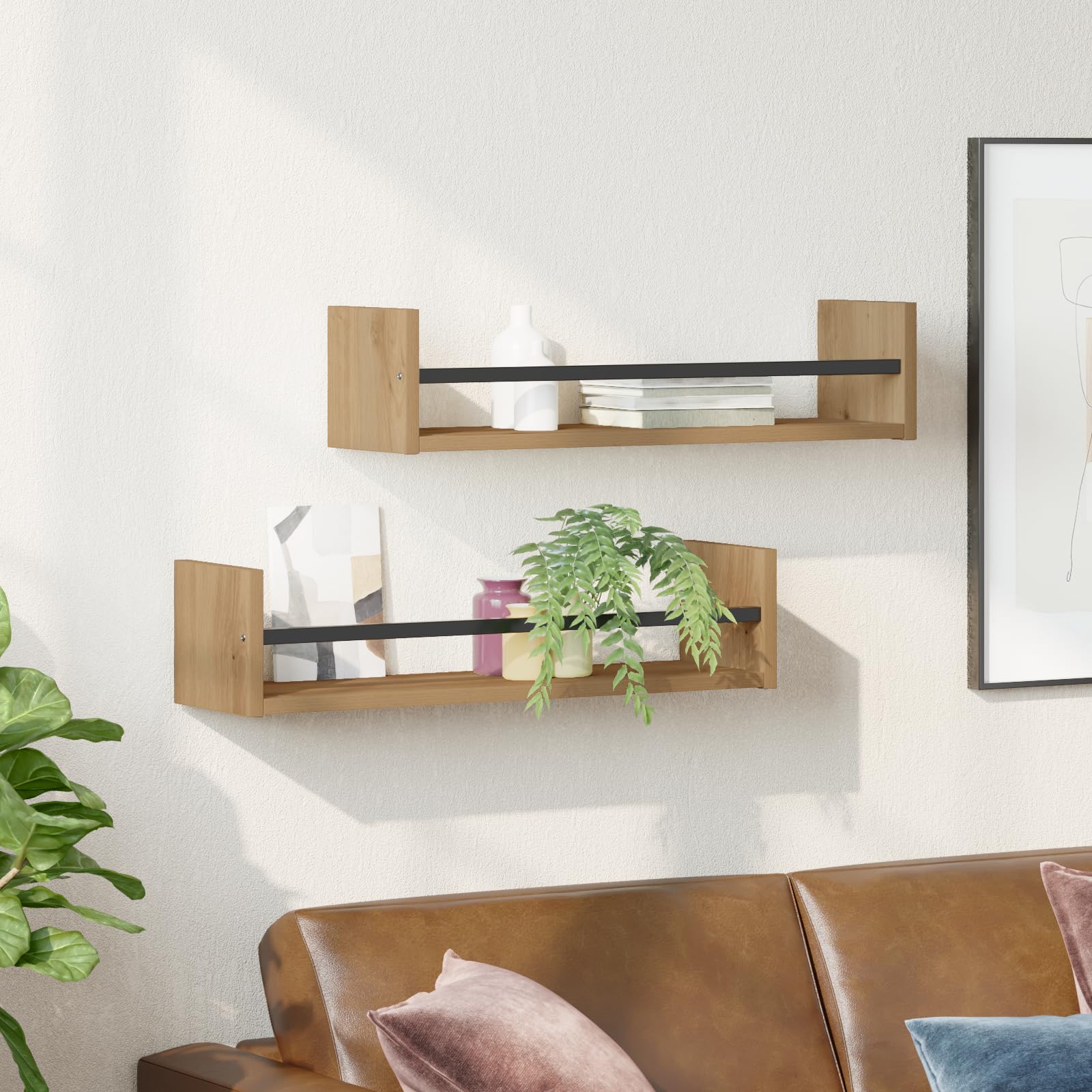 Set di 2 Mensole da Parete in Rovere Massello Artigianale, Finitura Macchiata Marrone, Dimensioni 60x16x14 cm, per Soggiorno Cucina Arredamento Casa con Stile Naturale