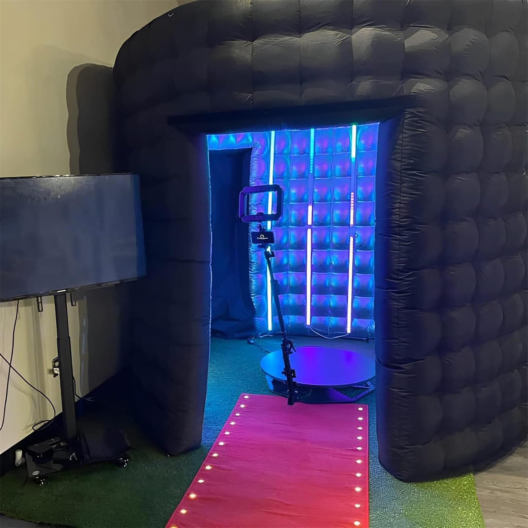 Nadmuchiwany namiot do fotobudki z oświetleniem LED RGB i dmuchawą powietrza, tło ścienne 3 m do fotografii w pomieszczeniach - budka fotograficzna 360 z 3 drzwiami i zasłoną