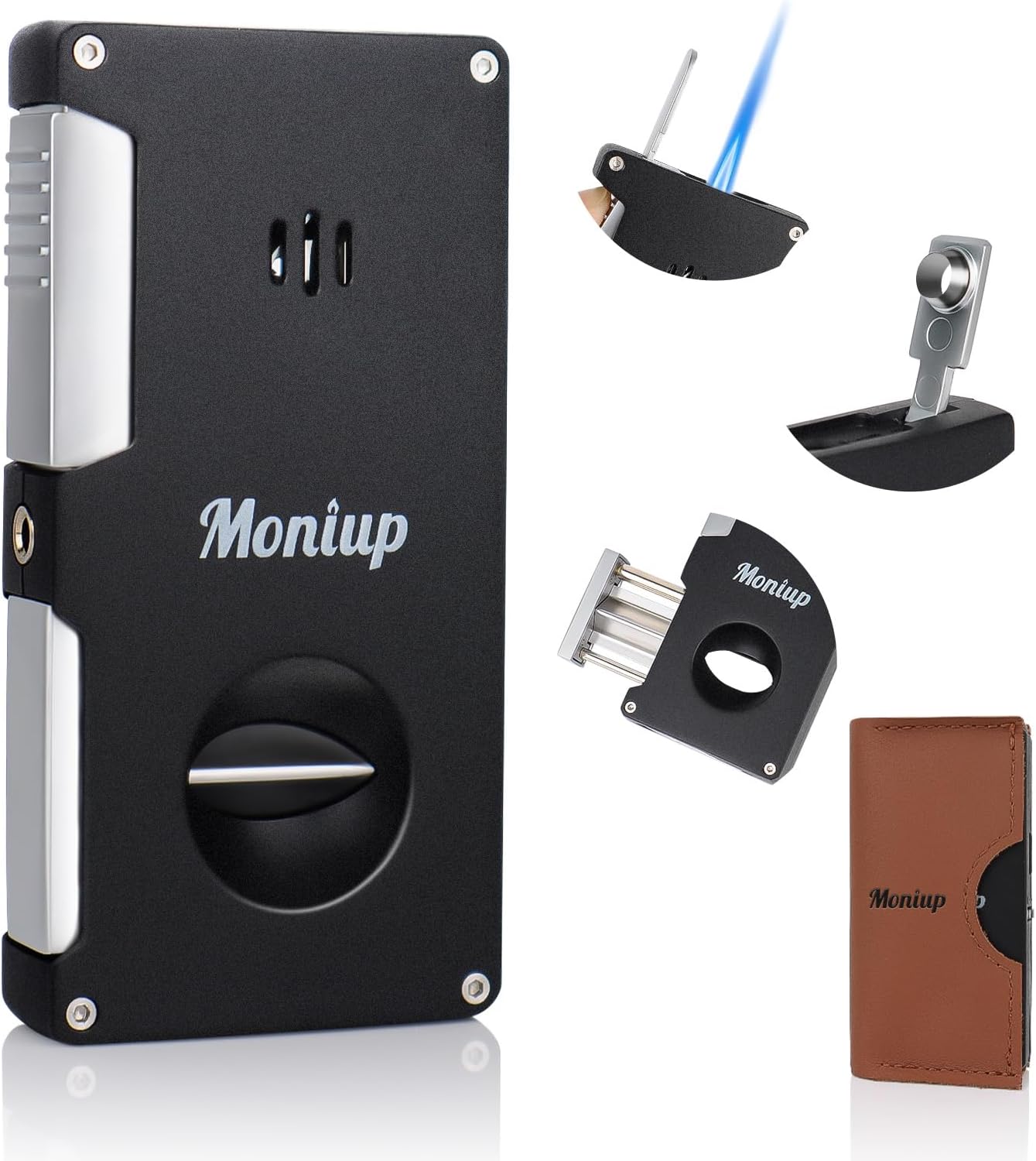 - All-in-one Jet Torch Lighter with Built-in V Cutter, Punch, Gas Window, Leather case, Luxurious Gifts for Men, Adjustable Windproof Butane Refillable Cool Lighters for Outdoors, Travel, Candles
