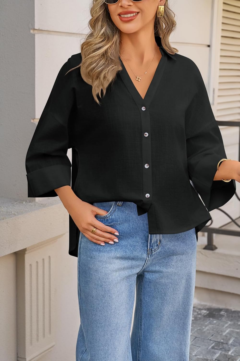 Cicy Bell Womens 3/4 Sleeve Striped Button Down Shirts Summer V Neck Tops Casual Loose Fit Work Blouse - Image 5