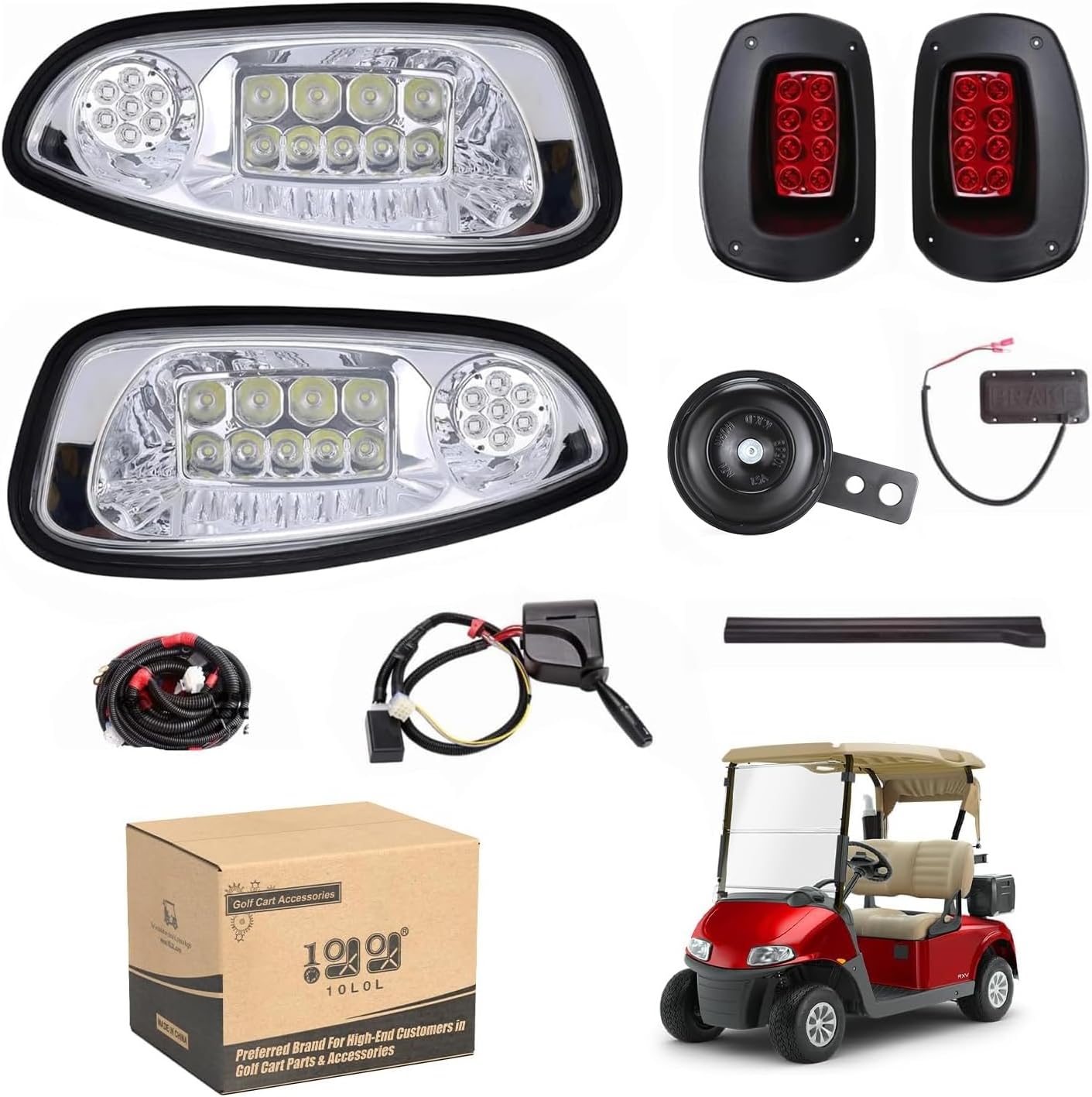 10L0L Golf Cart Headlight Kit for EZGO RXV 08-15 G&E Carts with Headlights Taillights Turn Signals Switch Horn Brake Lights Harness,12V Golf Cart Street Legal Light Kit (NOT FIT RXV II)