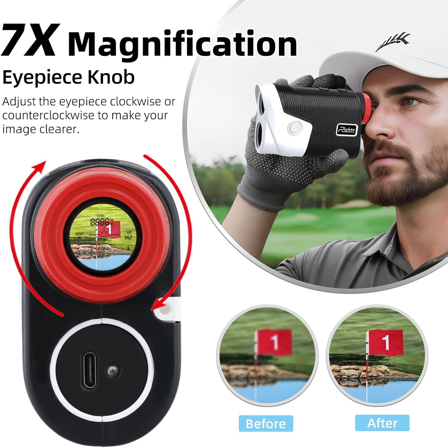 Roykaw Golf Rangefinder with Slope, 1200 Yards Laser Range Finder for Golfing/Hunting, 7X Magnification Tournament Legal Rangefinder w/Rechargeable Battery, Magnetic Mount, Fast Flag Lock Vibration
