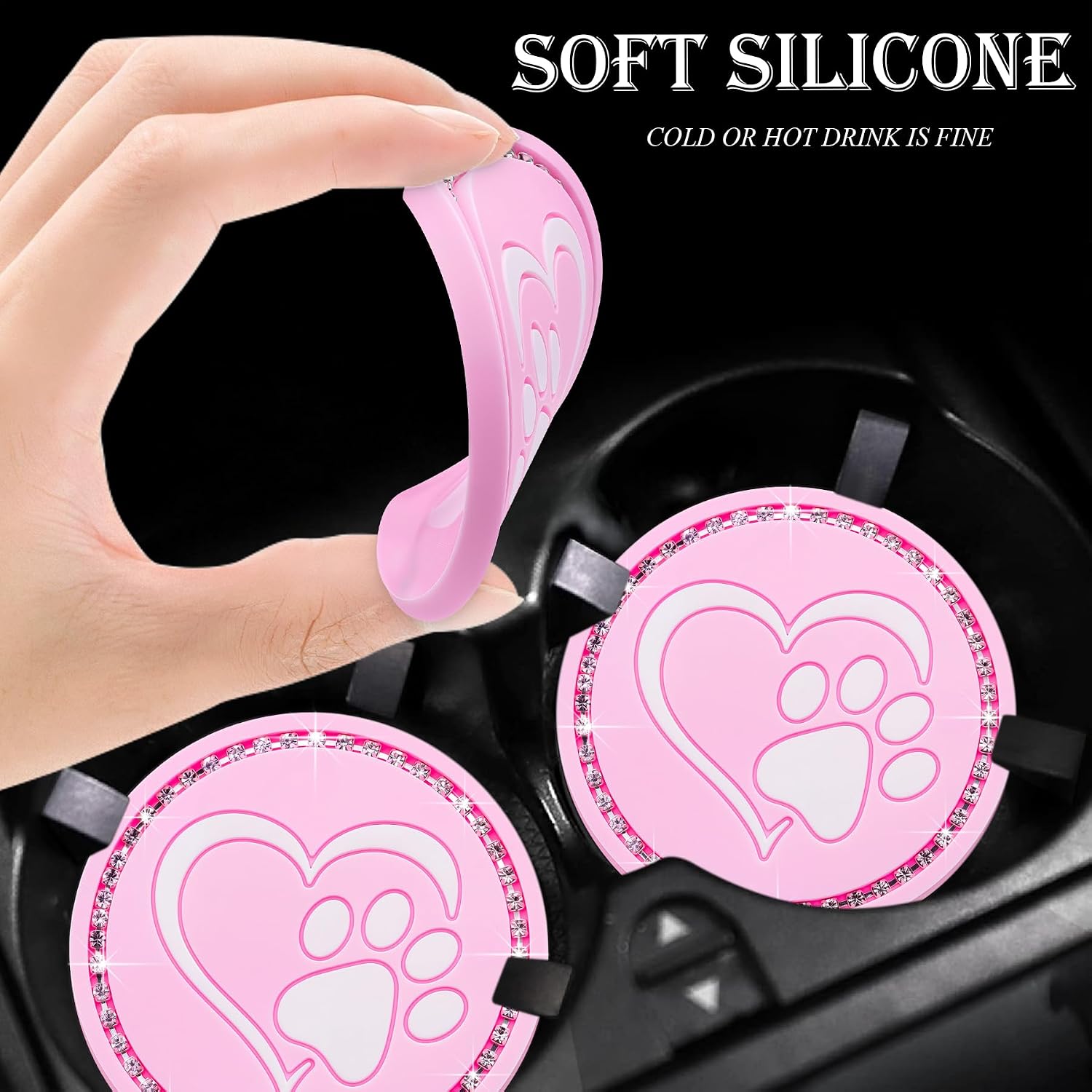 2PCS Bling Cup Holder Coaster for Car – 2.75 Inch Silicone Anti-Slip Insert, Soft Shockproof Cup Mat, Universal Auto Accessories for Women & Girls (Pink & White) image 4