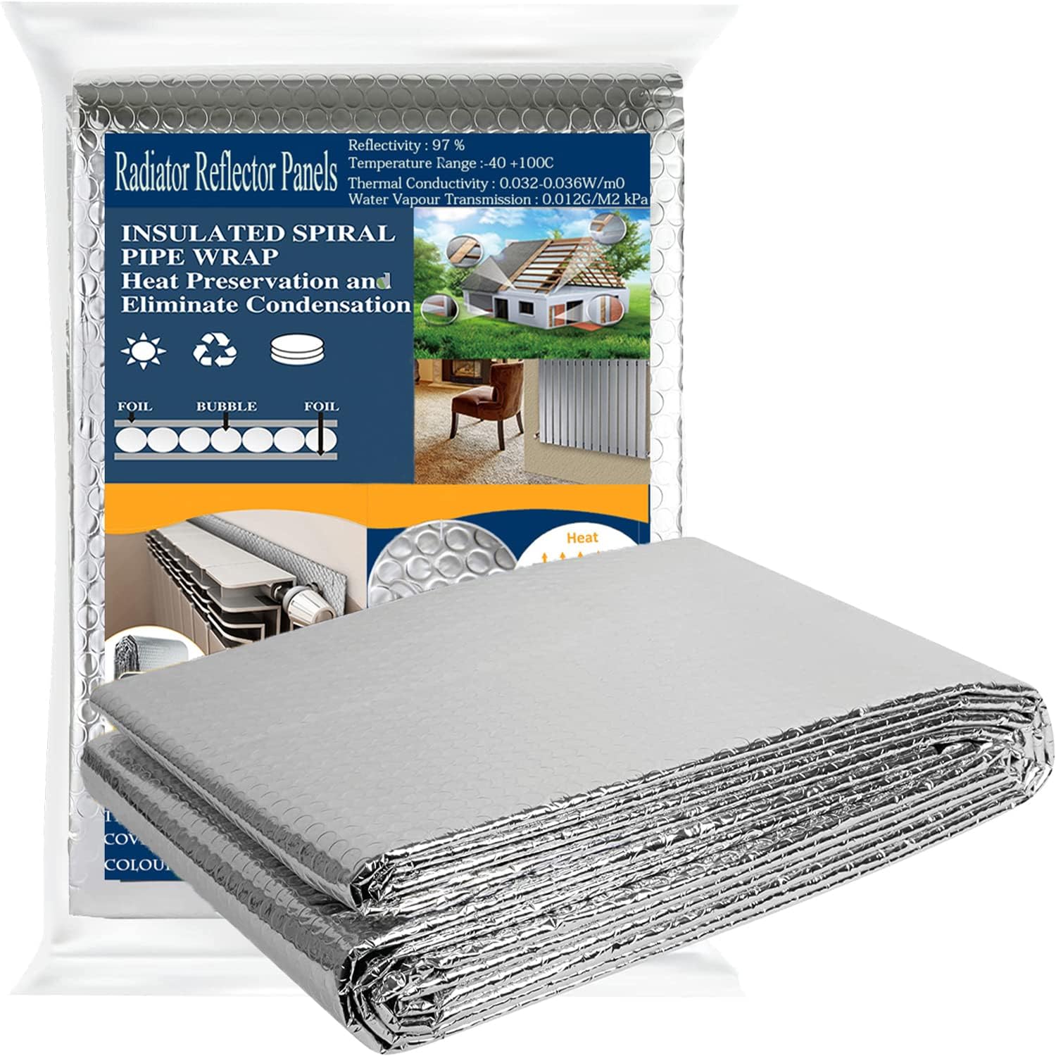 Rilime Bubble Insulation Foil 5m x 60cm, Radiator Insulation Foil Reflector Thick Heat Reflective Bubble Wrap Radiator Foil Reflector Saves Energy for Family(no Tape)