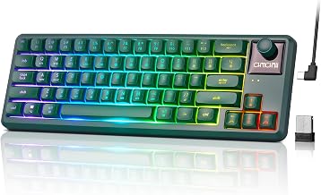 65% Wireless RGB Gaming Keyboard with Tri-Mode, LED/Volume Knob for WIN/Mac | Quiet/Rechargeable Compact Keyboard with Light Up for Laptop PC Computer PS5, Bluetooth/2.4G/USB C Wired, 64 Keys, Dark Green