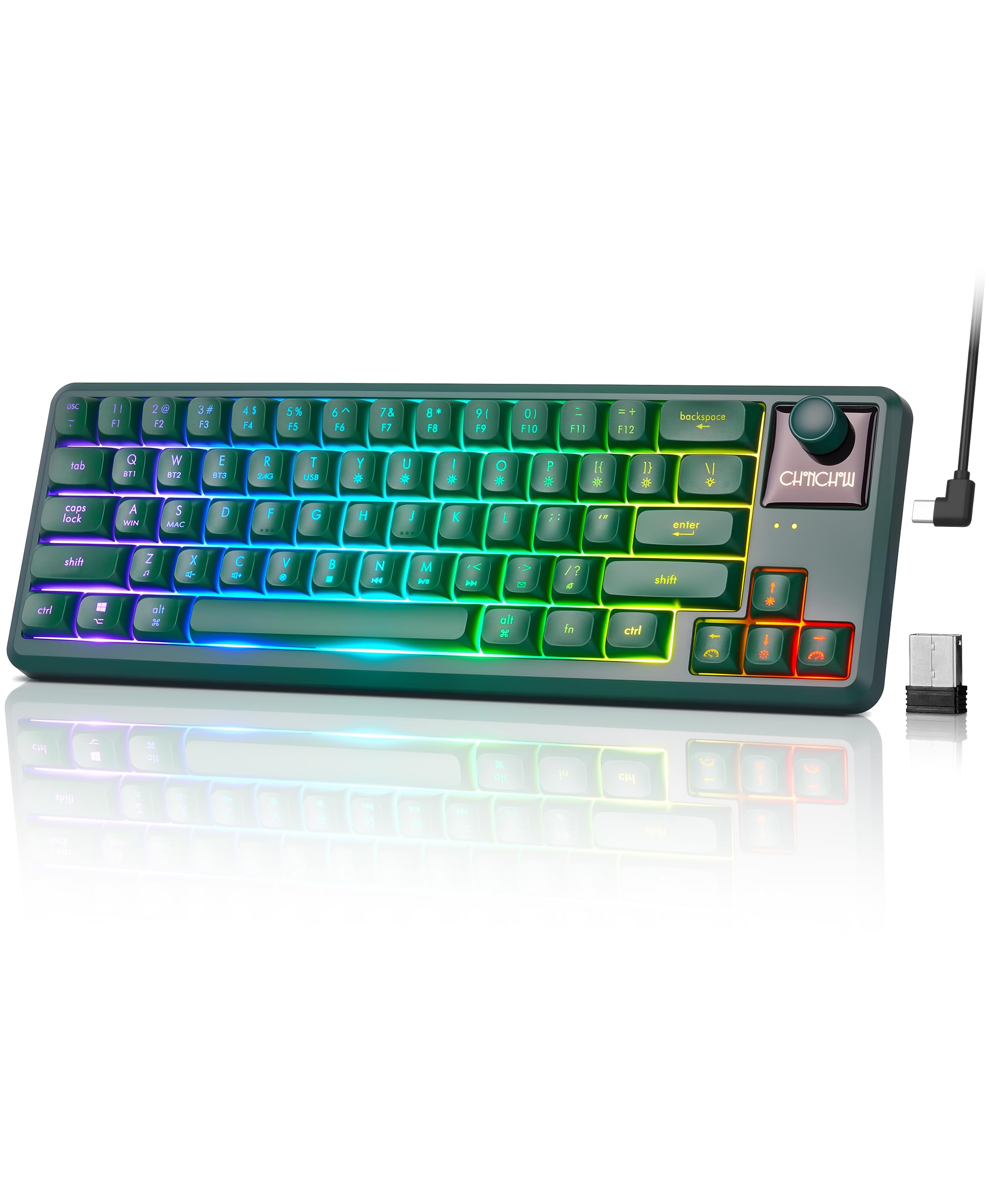 65% Wireless RGB Gaming Keyboard with Tri-Mode, LED/Volume Knob for WIN/Mac | Quiet/Rechargeable Compact Keyboard with Light Up for Laptop PC Computer PS5, Bluetooth/2.4G/USB C Wired, 64 Keys, Dark Green
