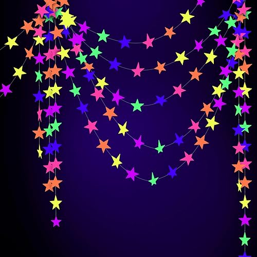 Miniatura 4 de Guirnalda de papel de neón de estrella de 108 pies, suministros de fiesta con serpentinas de neón para luz negra, accesorios de fiesta, pancarta de